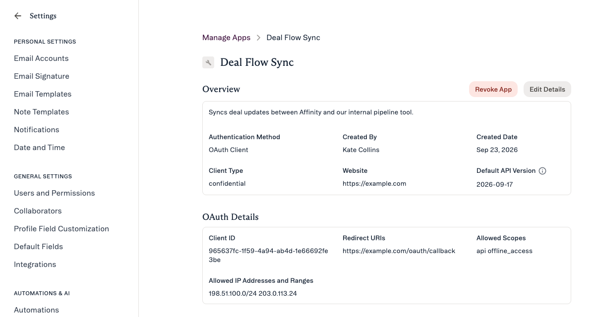 The OAuth app detail page