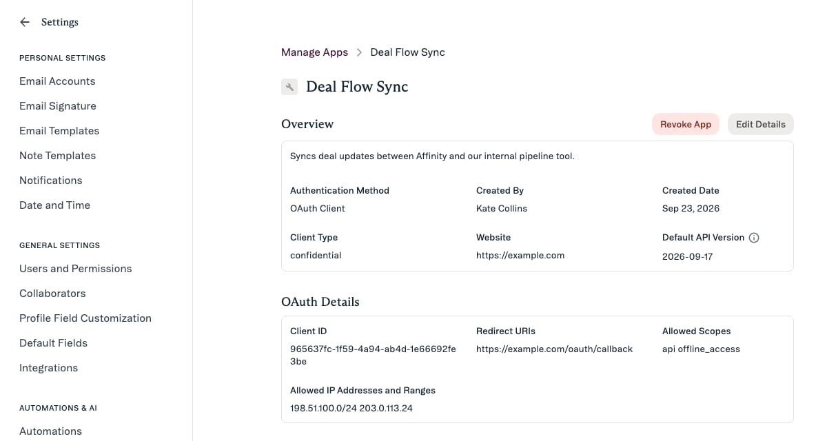 The OAuth app detail page