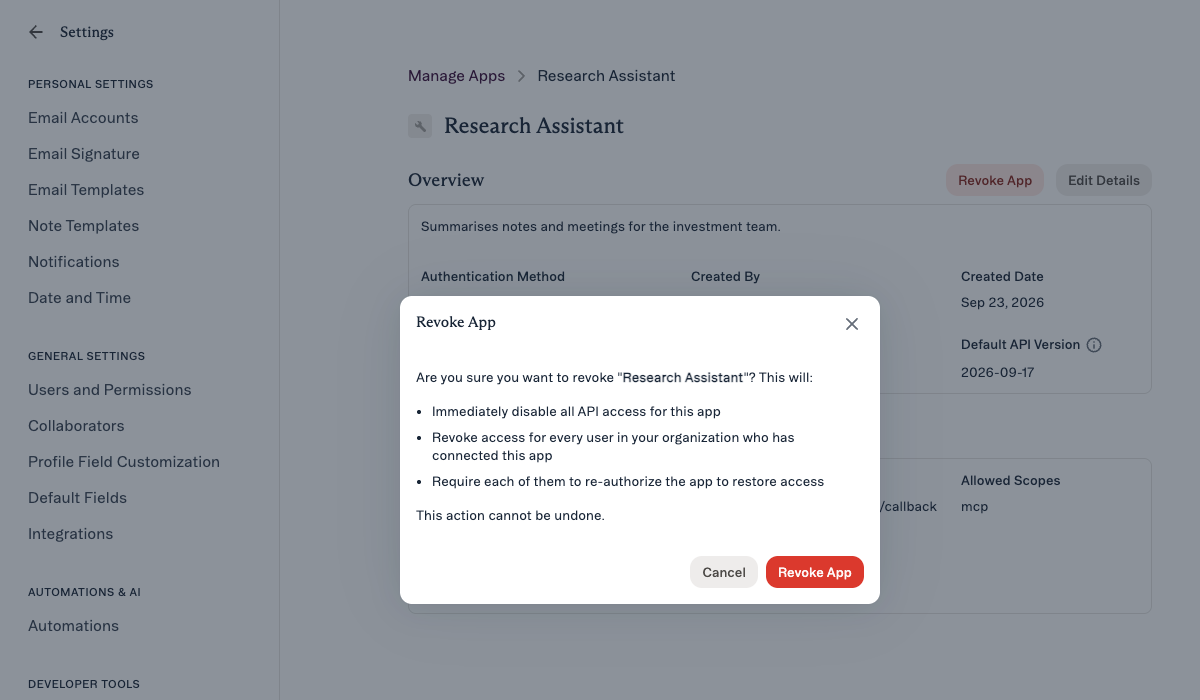 The revoke confirmation dialog