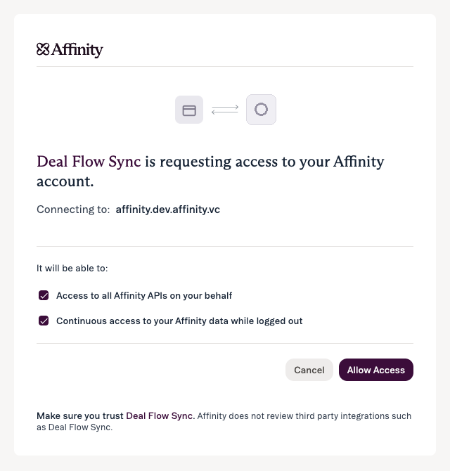 The Affinity OAuth consent screen listing the requested scopes