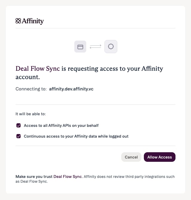 The Affinity OAuth consent screen listing the requested scopes