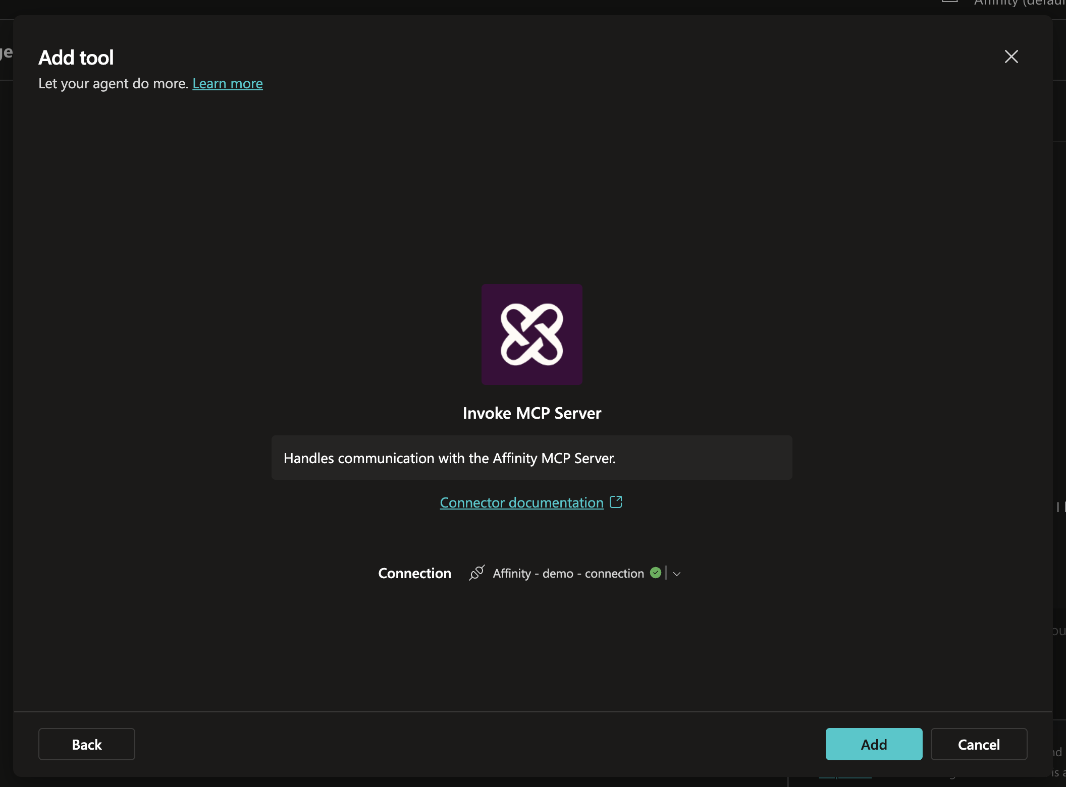 Add tool dialog showing Affinity - demo - connection with green checkmark and Add button