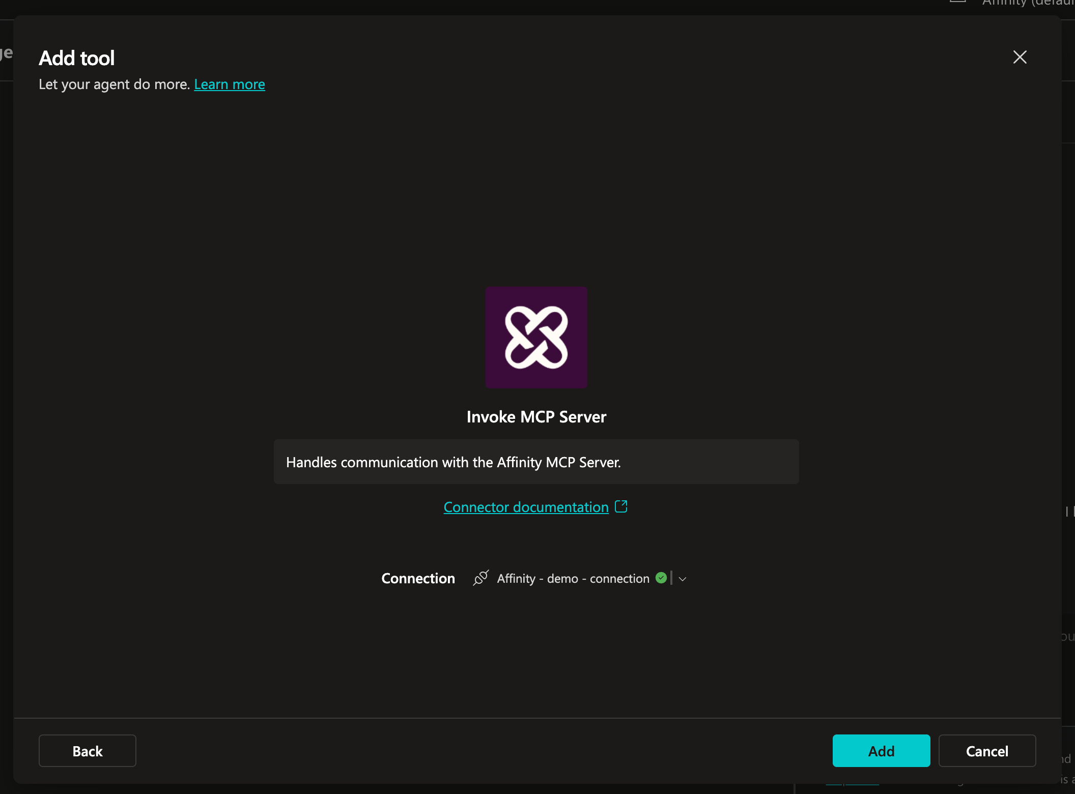 Add tool dialog showing Affinity - demo - connection with green checkmark and Add button