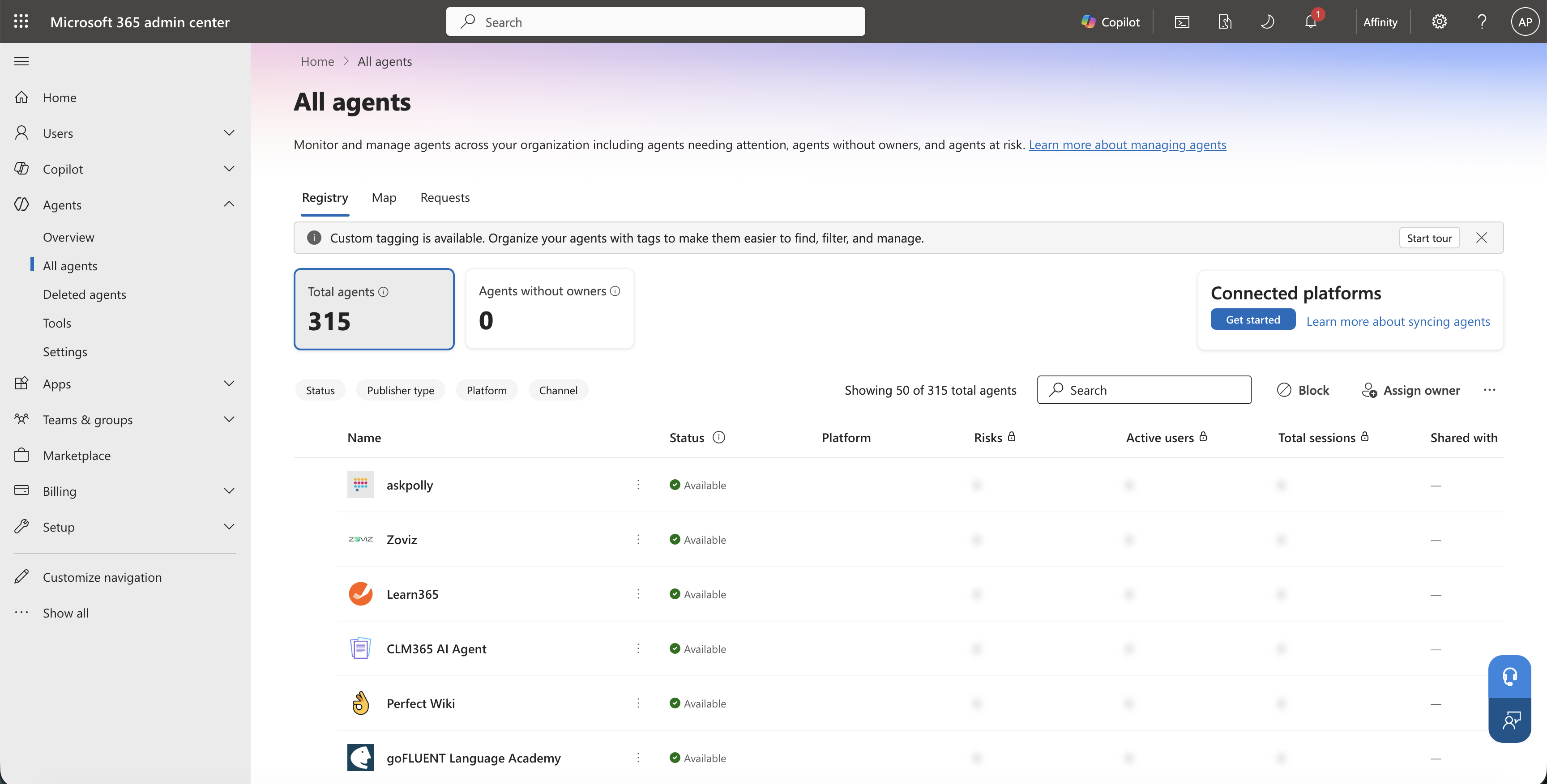 Microsoft 365 admin center All agents page showing Affinity - agent listed as Available