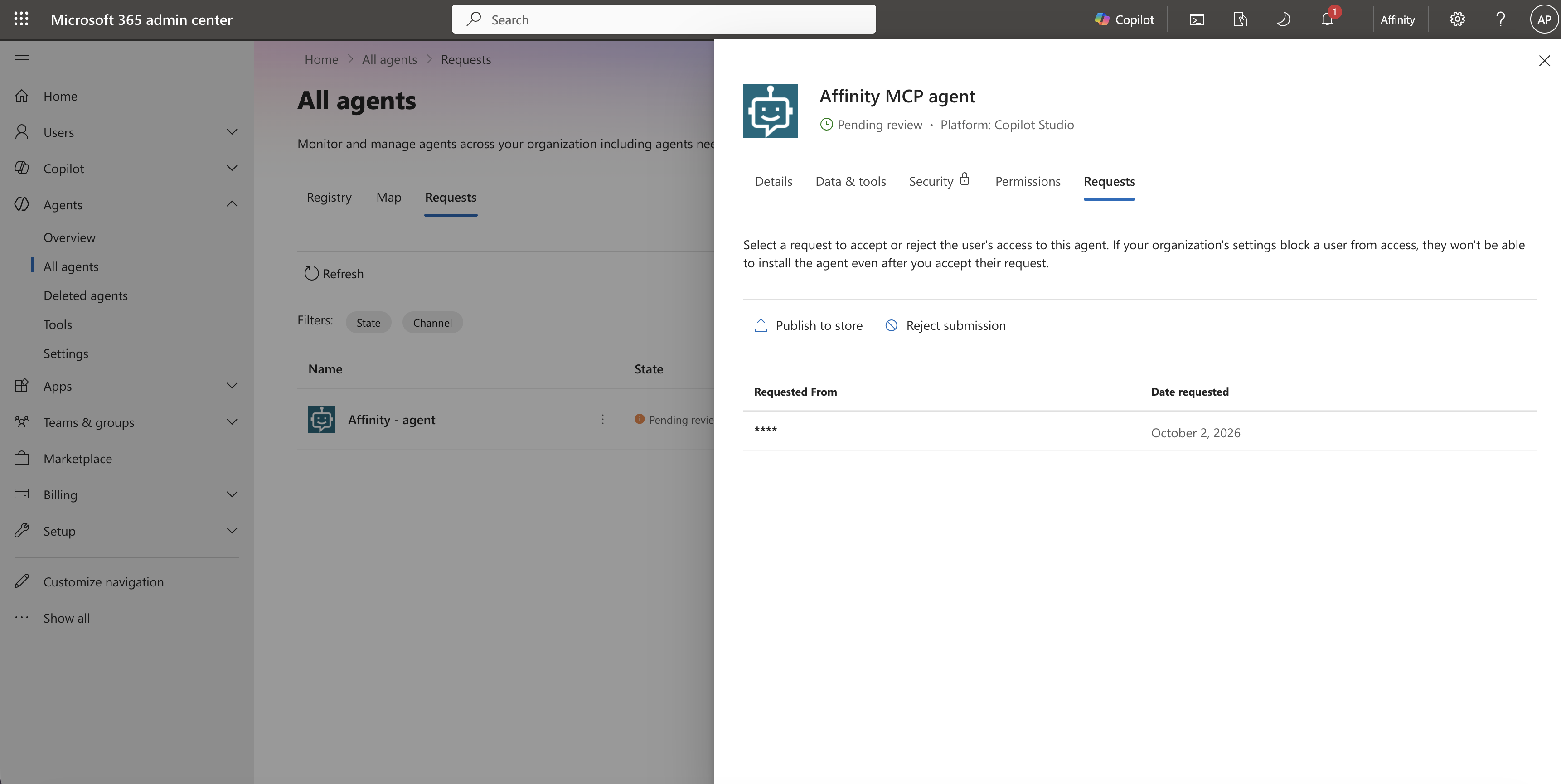 Agent detail panel showing Publish to store and Reject submission options with the pending request