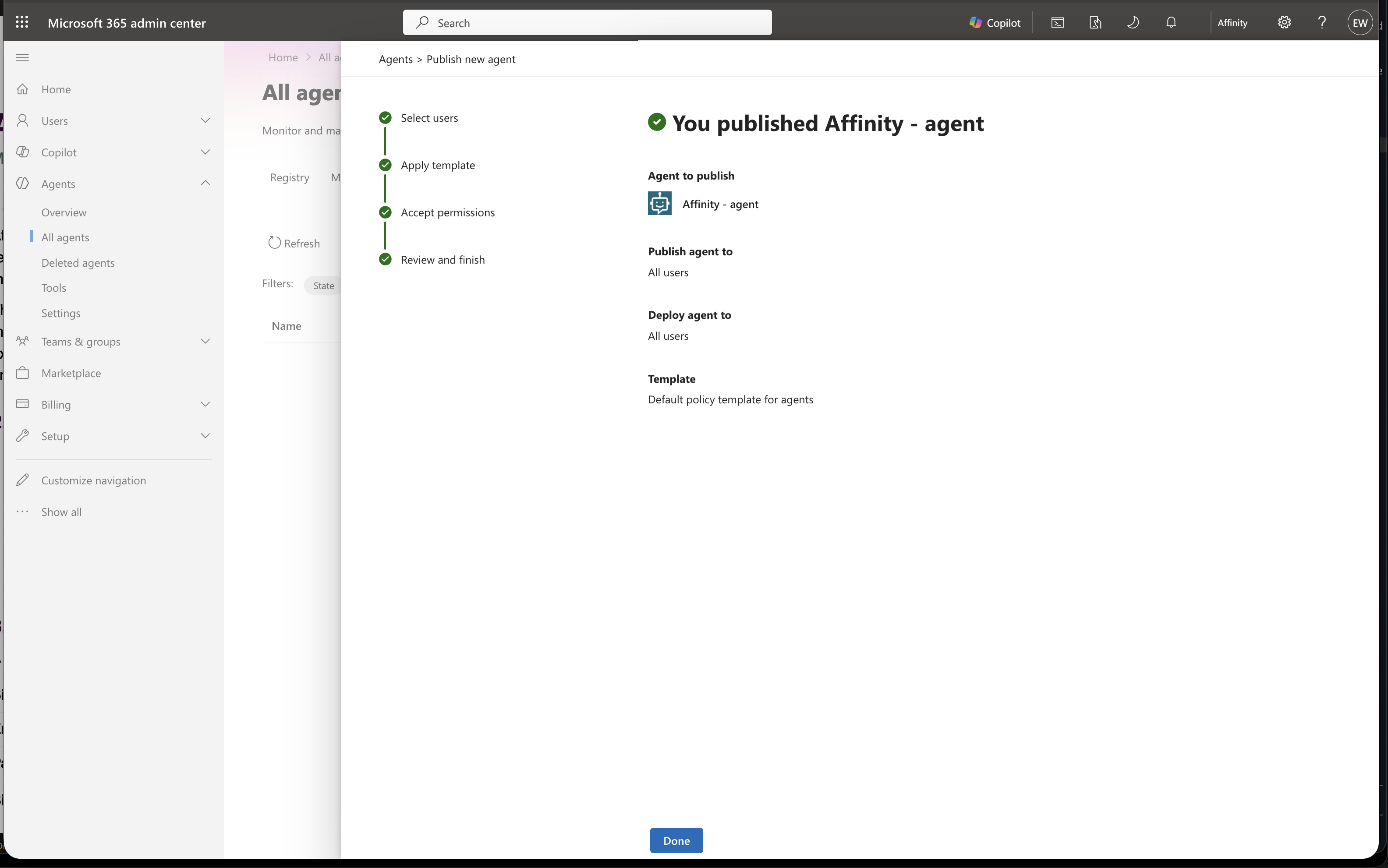 You published Affinity - agent confirmation screen showing all steps completed and Done button