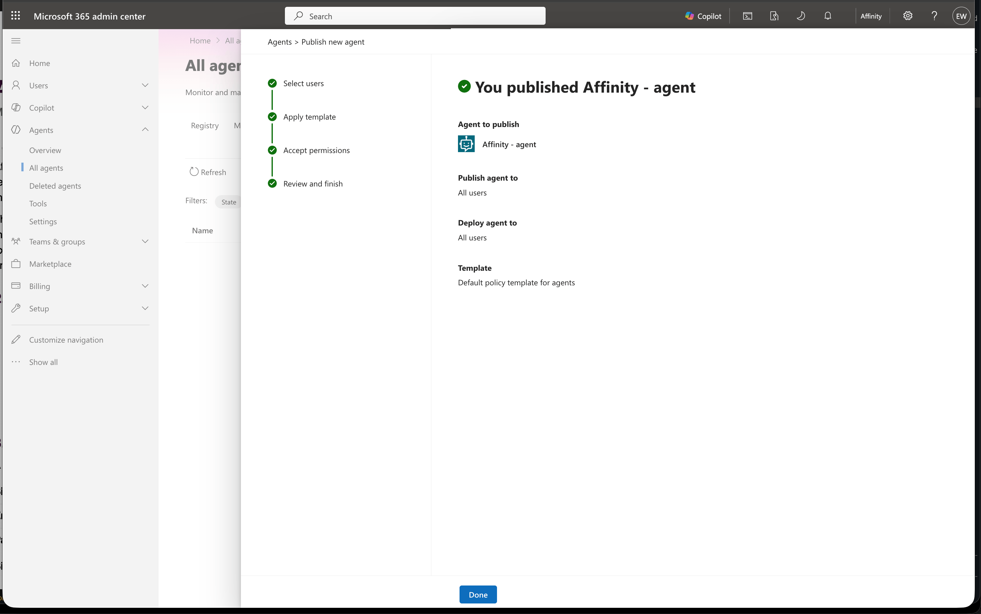 You published Affinity - agent confirmation screen showing all steps completed and Done button