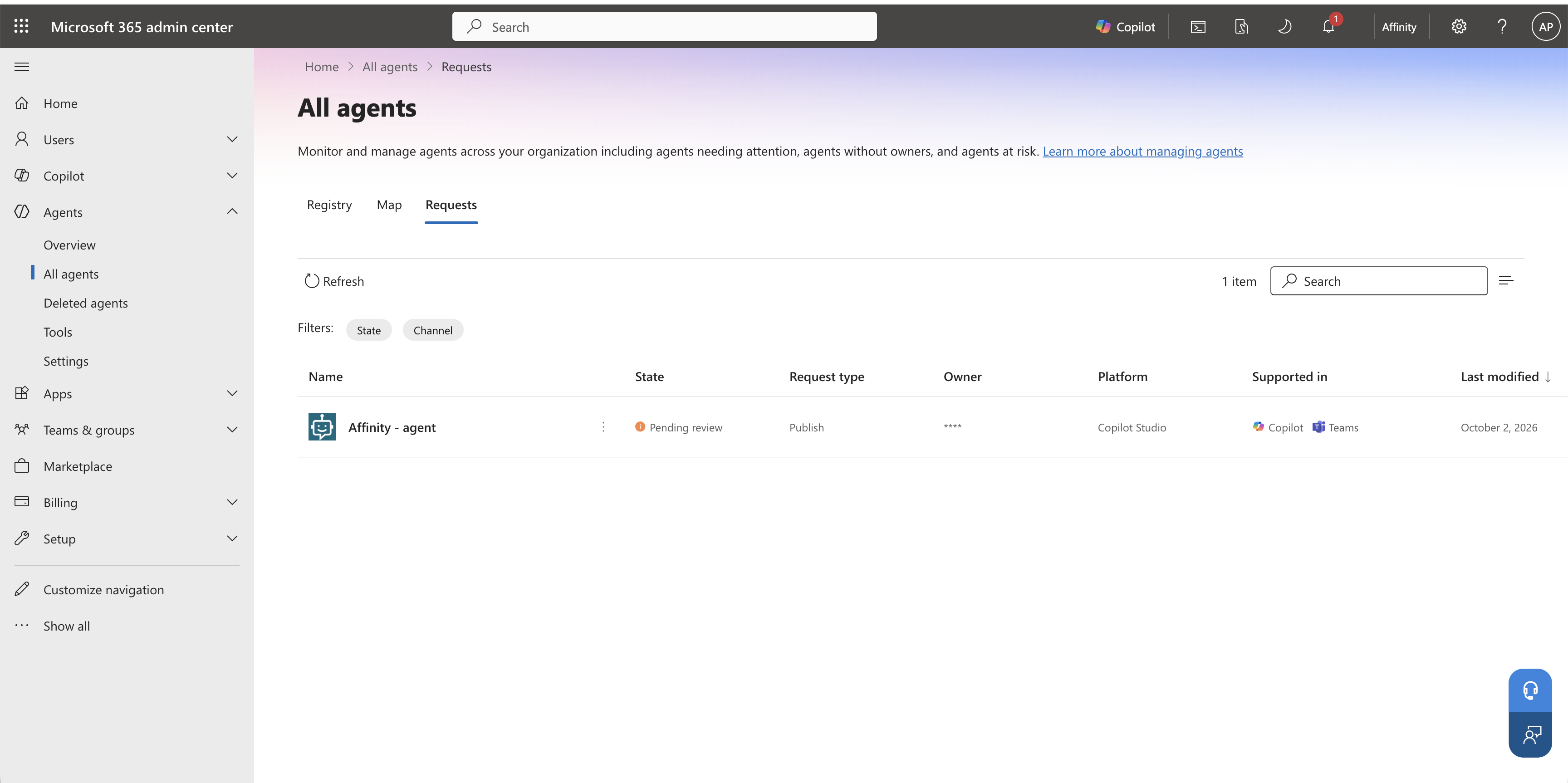 All agents Requests tab showing Affinity - agent with Pending review status and Publish request type