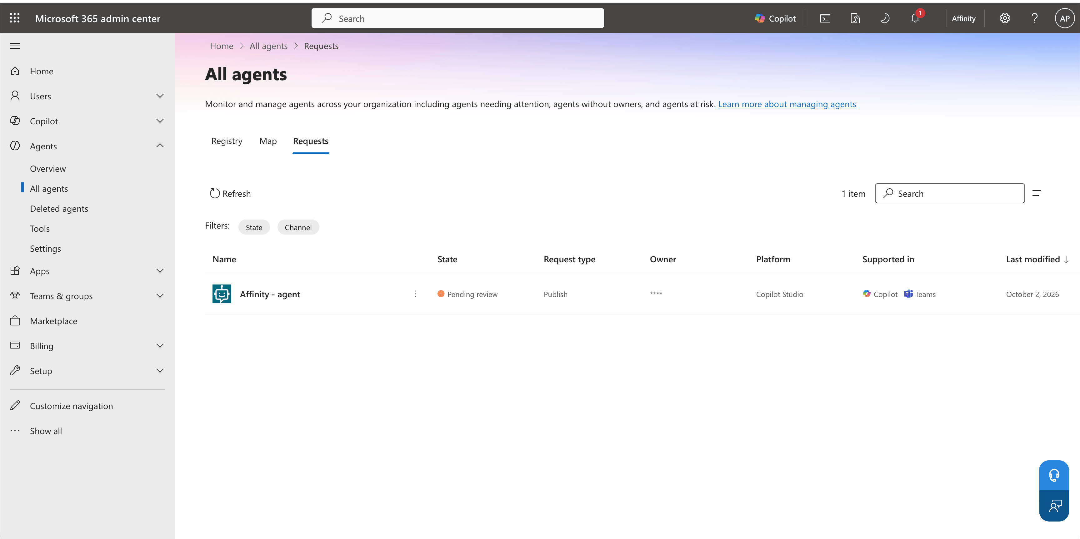 All agents Requests tab showing Affinity - agent with Pending review status and Publish request type