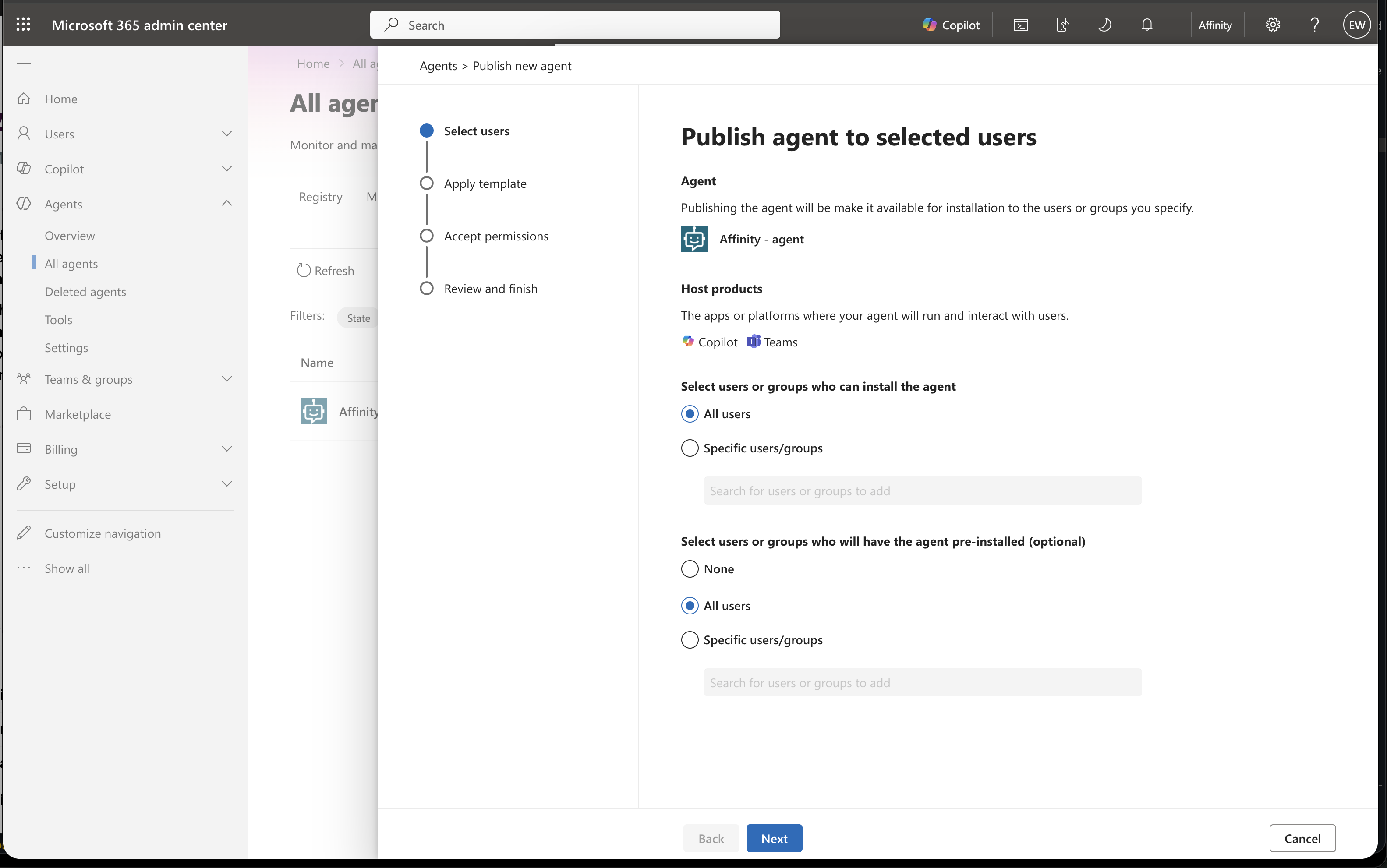 Publish agent wizard Select users step showing All users selected for both install and pre-install options