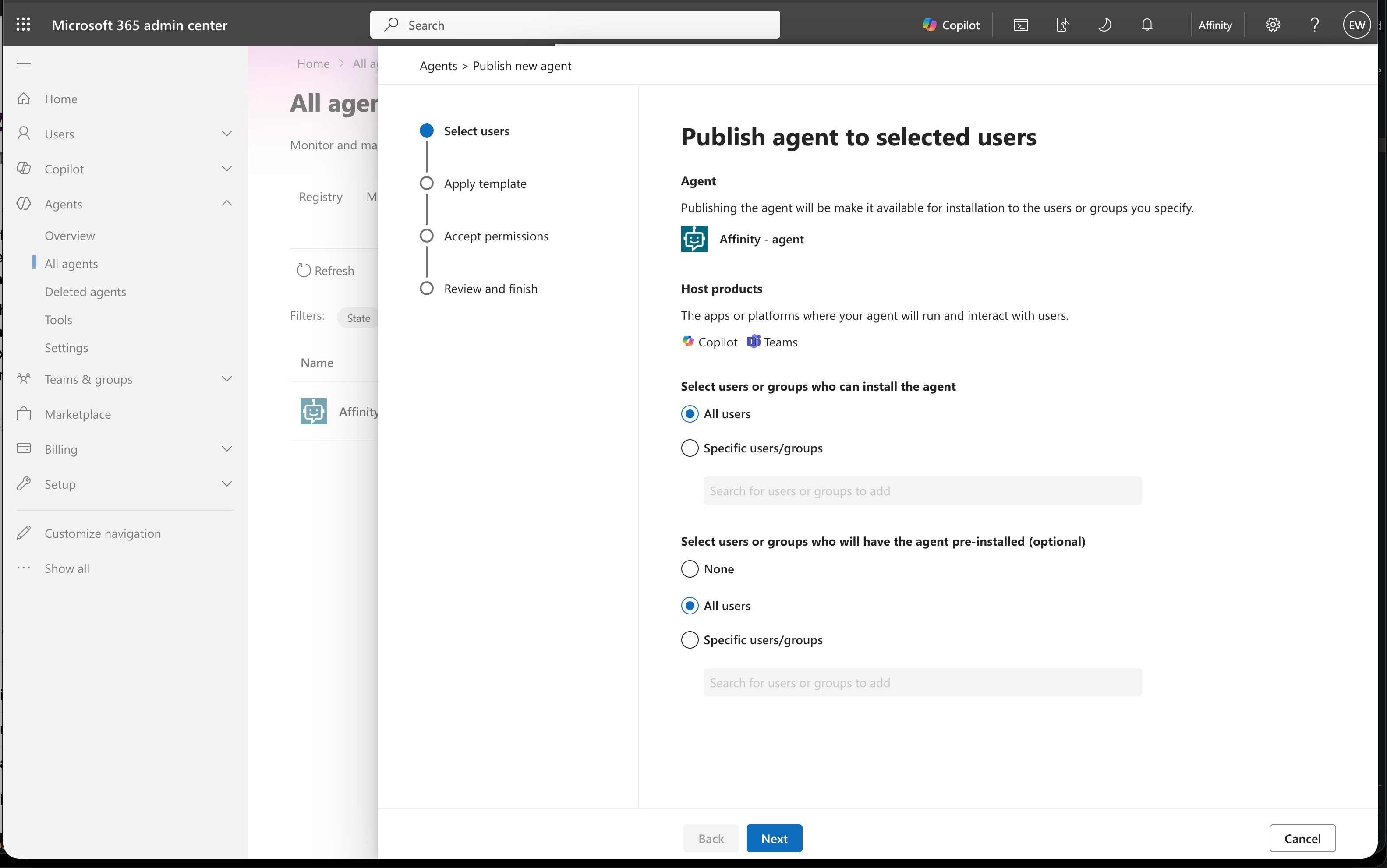 Publish agent wizard Select users step showing All users selected for both install and pre-install options