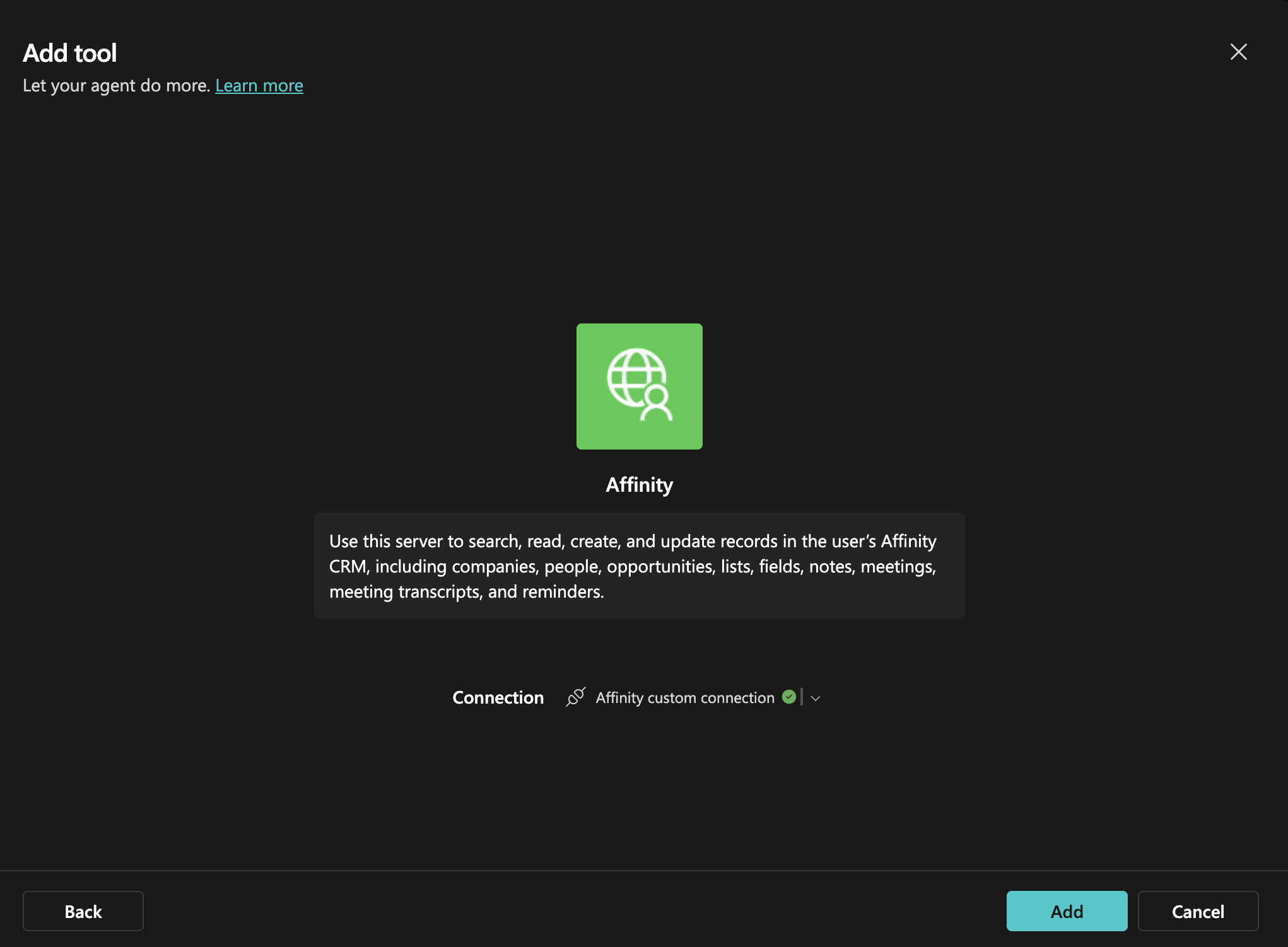 Add tool dialog showing Affinity custom connection with green checkmark and Add button