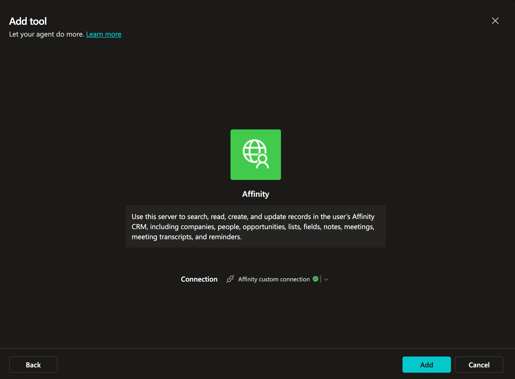 Add tool dialog showing Affinity custom connection with green checkmark and Add button