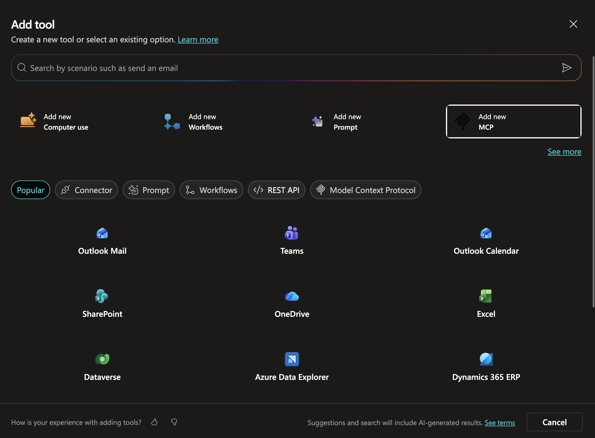 Add tool dialog in Copilot Studio showing Add new MCP option highlighted