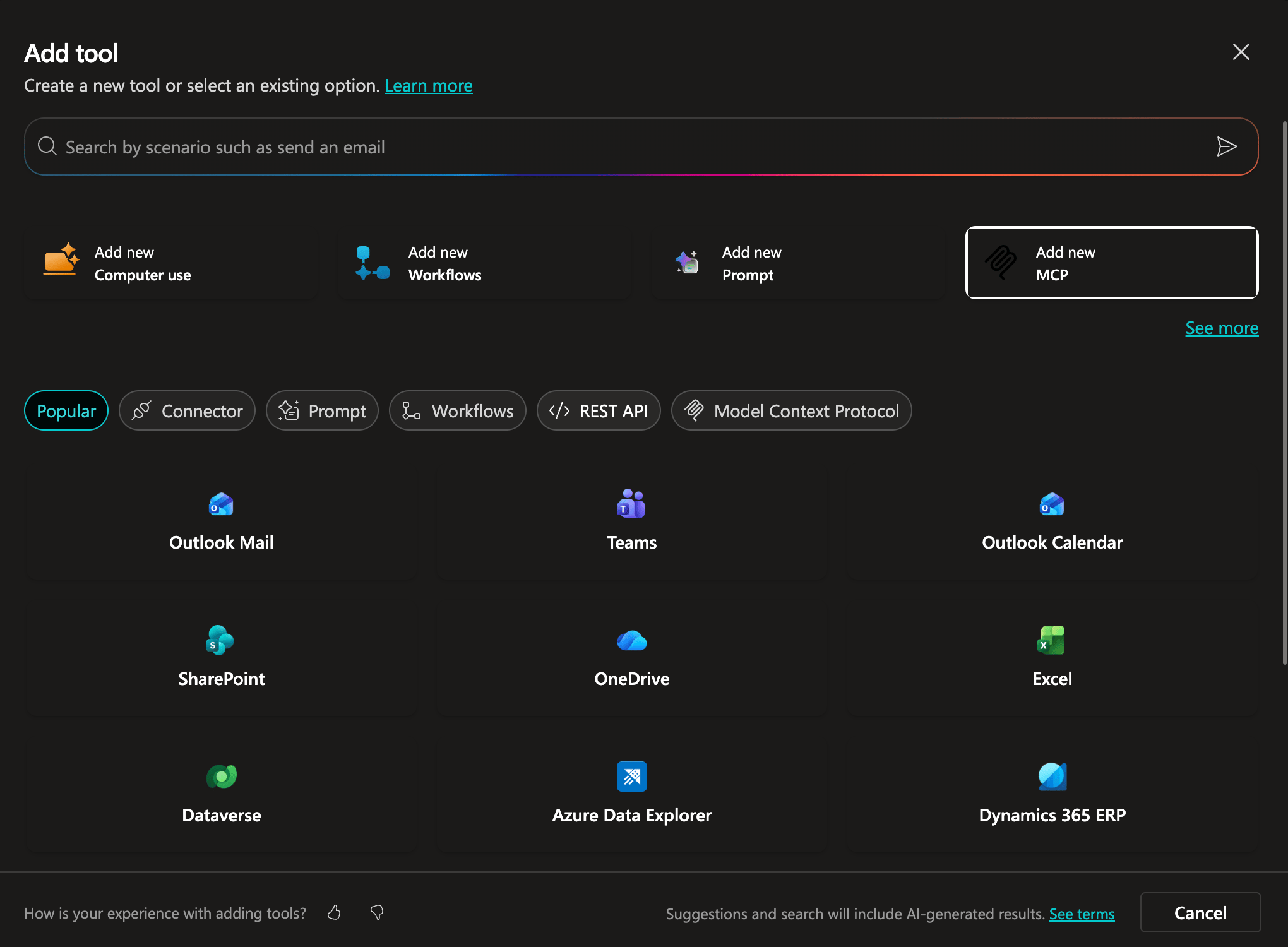 Add tool dialog in Copilot Studio showing Add new MCP option highlighted