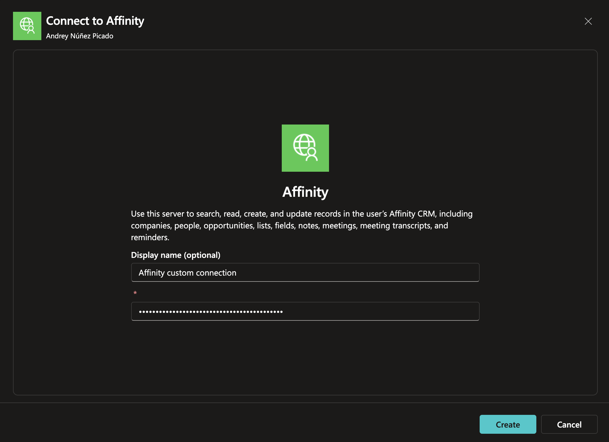 Connect to Affinity dialog with display name and API key credential fields