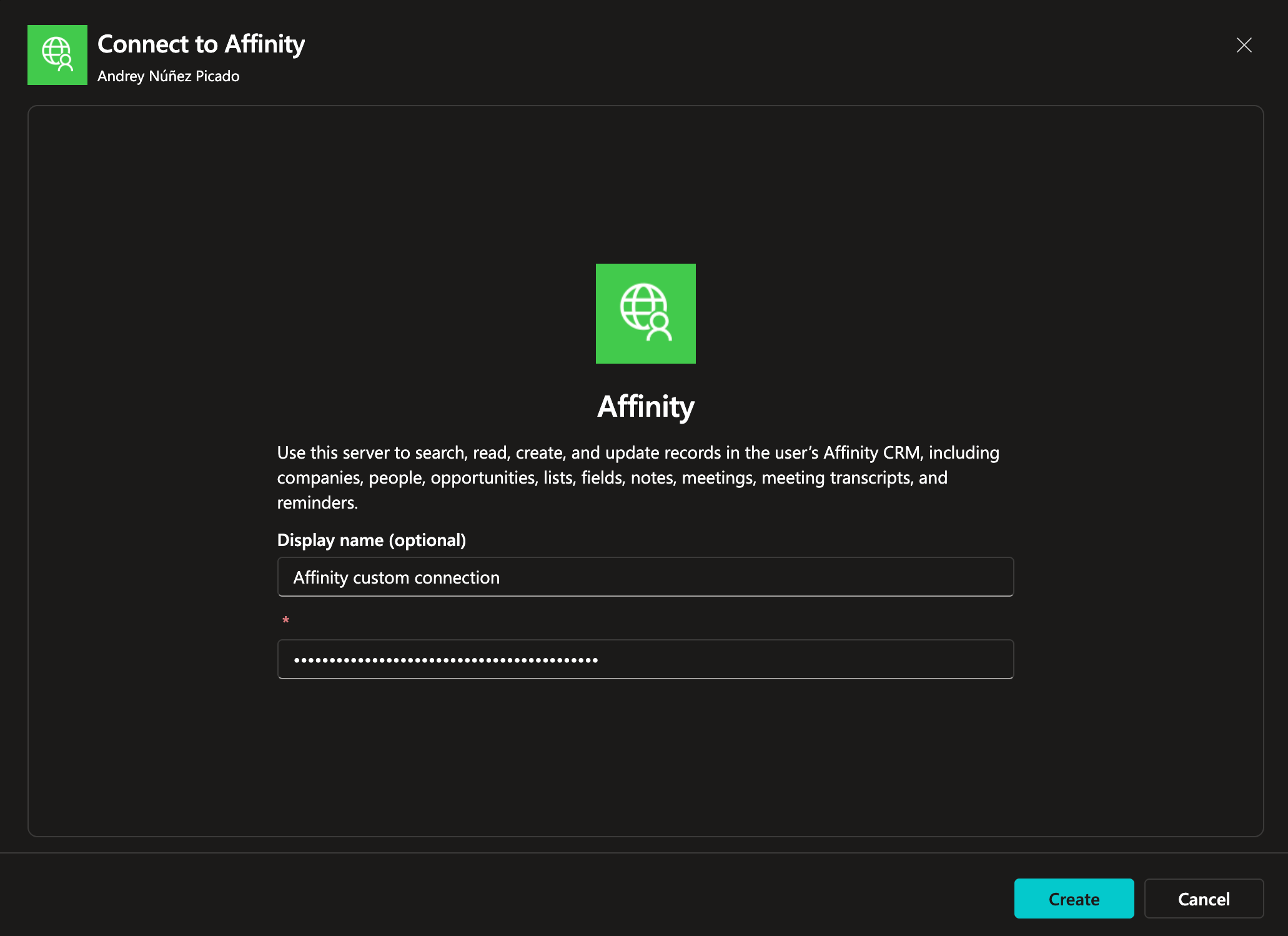 Connect to Affinity dialog with display name and API key credential fields