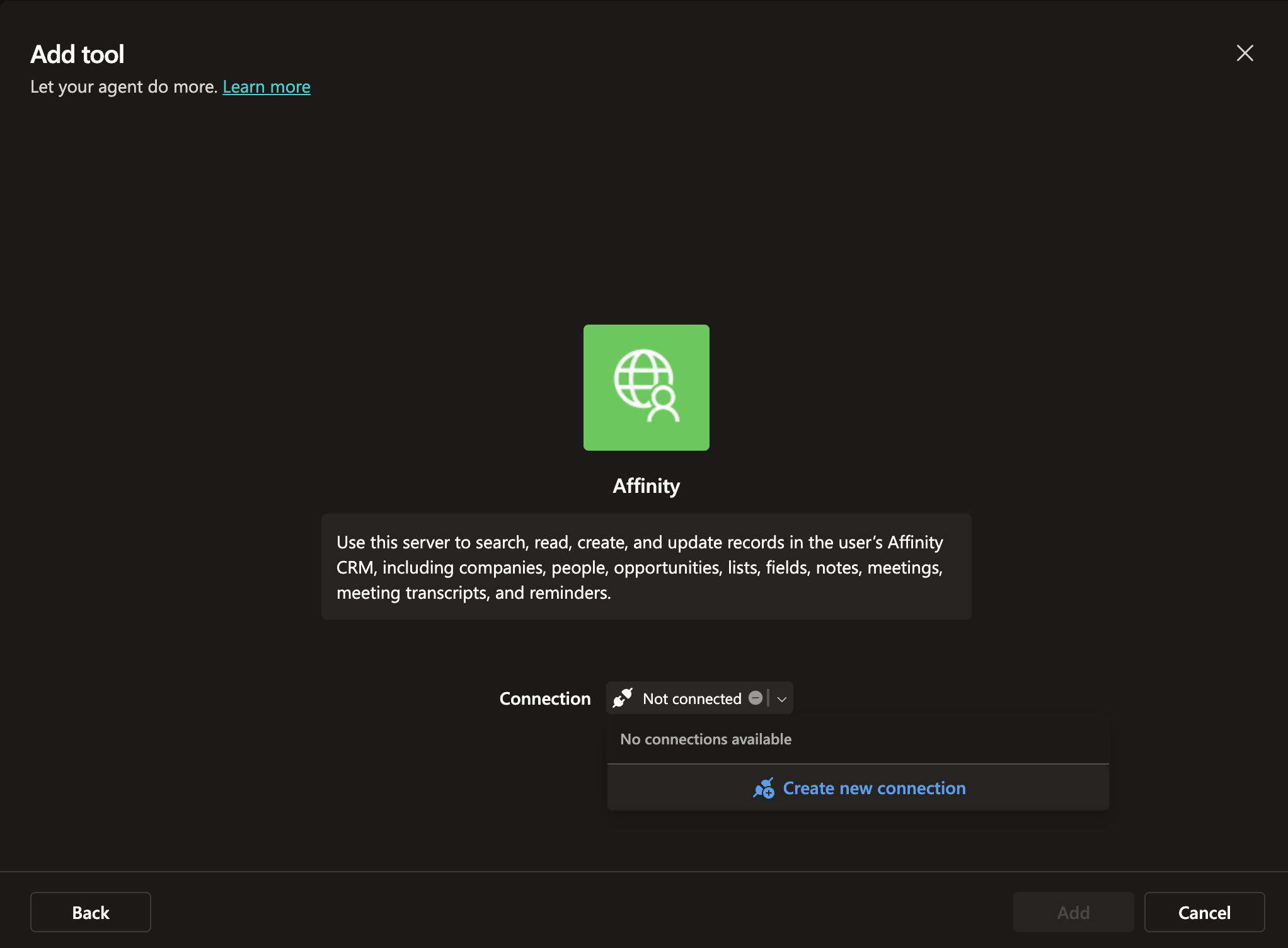 Add tool dialog for Affinity showing Not connected state with Create new connection option