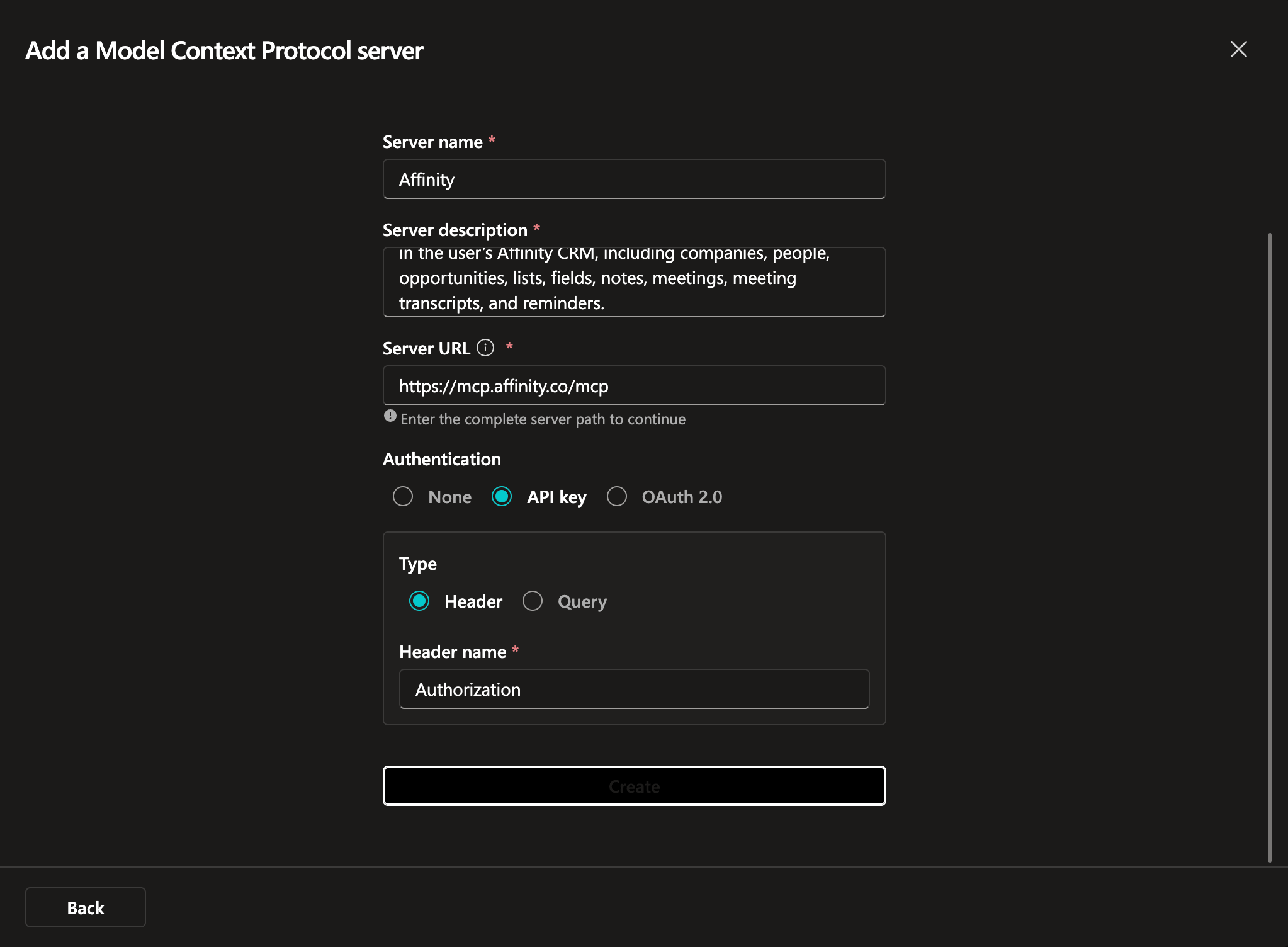 MCP server configuration form showing Affinity server name, description, URL, and API key authentication settings