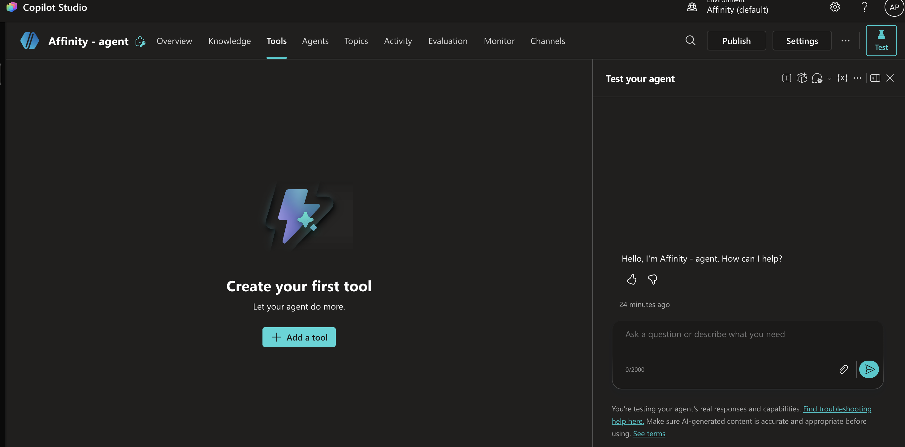 Tools tab showing Create your first tool empty state with Add a tool button