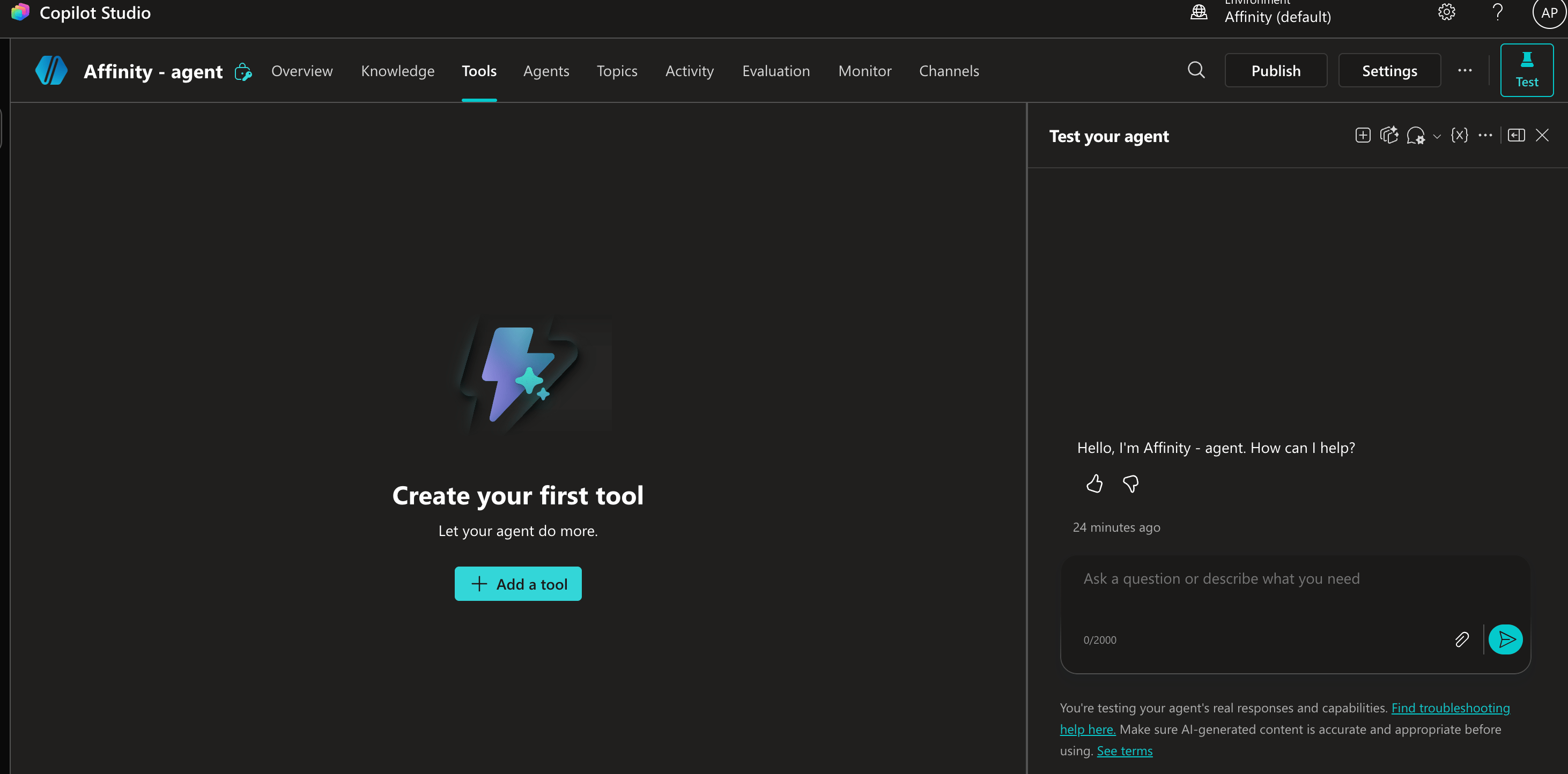 Tools tab showing Create your first tool empty state with Add a tool button