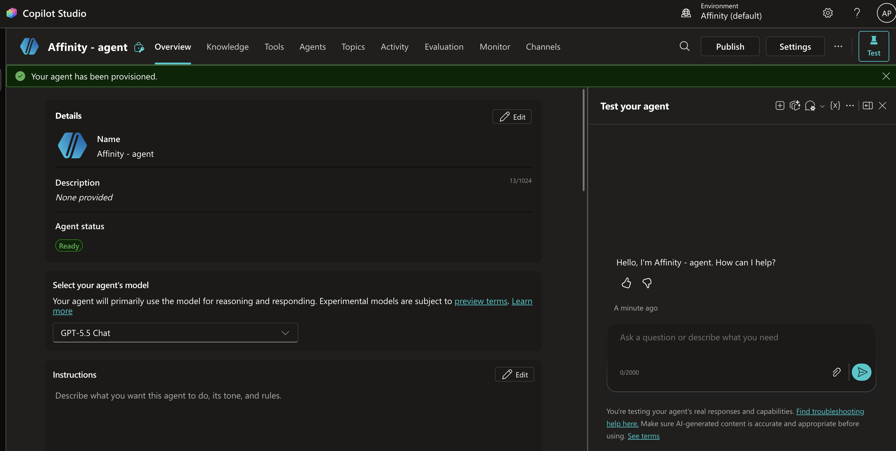 Copilot Studio classic experience agent overview showing Affinity - agent with status Ready