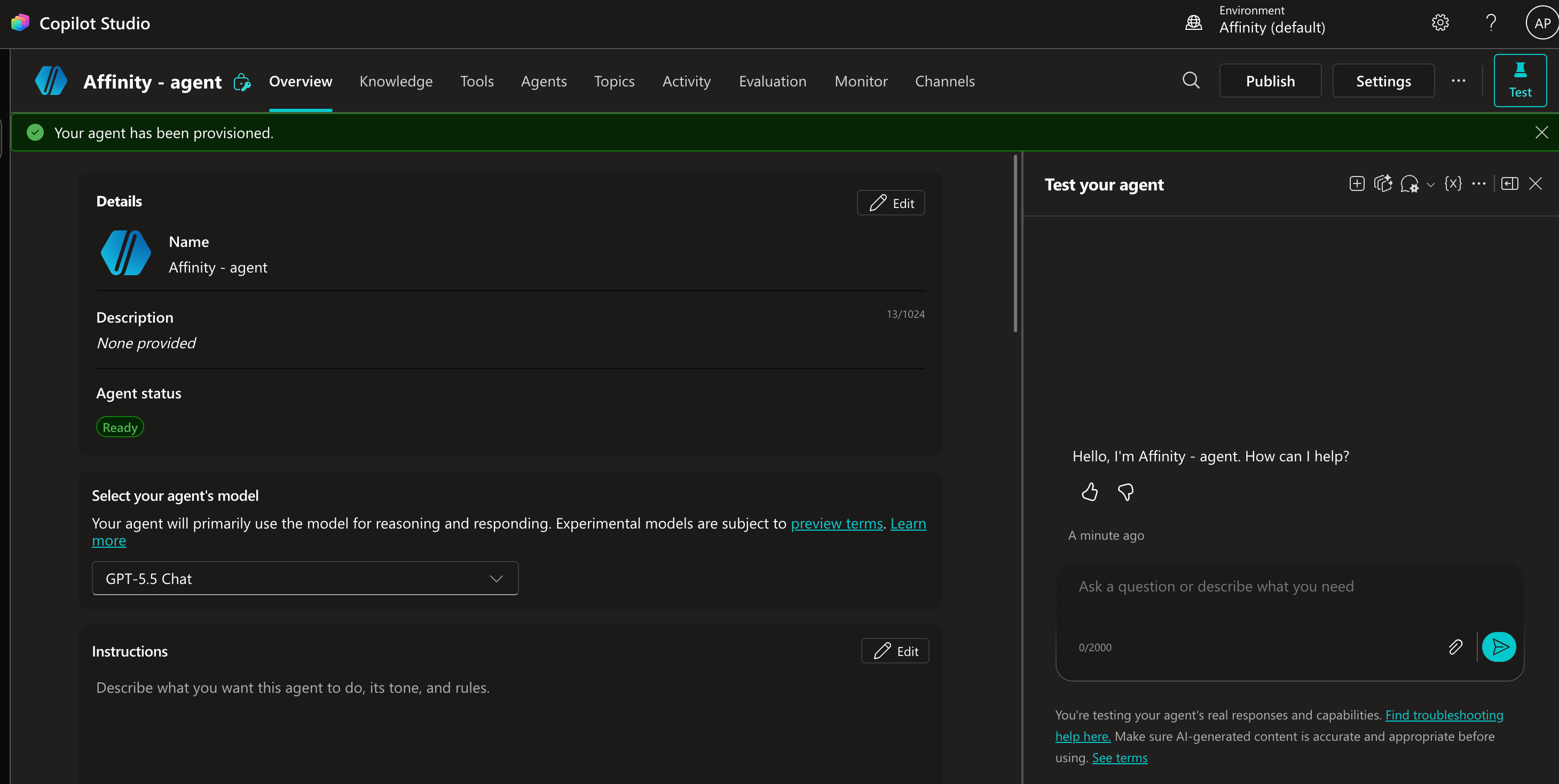 Copilot Studio classic experience agent overview showing Affinity - agent with status Ready