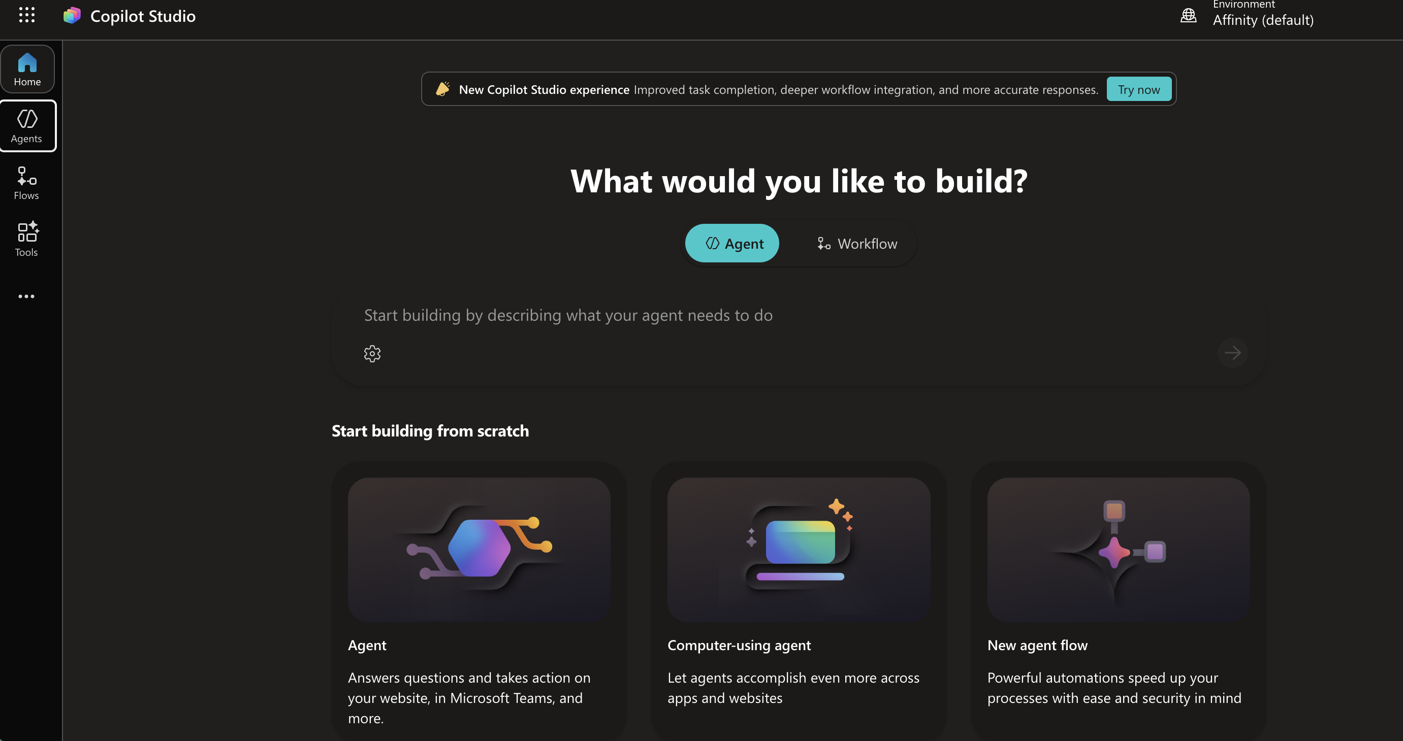 Copilot Studio classic experience with Agents highlighted in the left sidebar