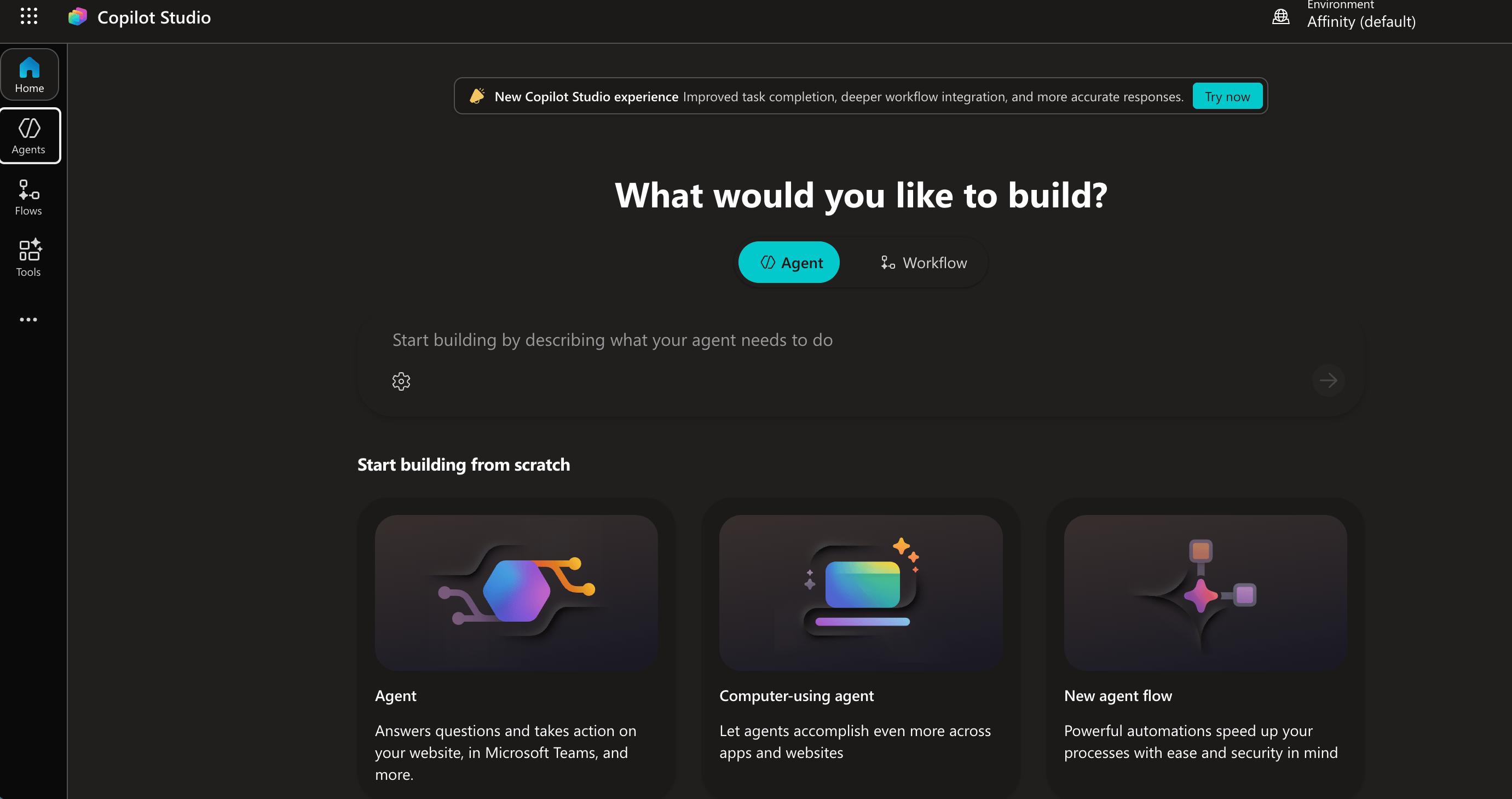 Copilot Studio classic experience with Agents highlighted in the left sidebar