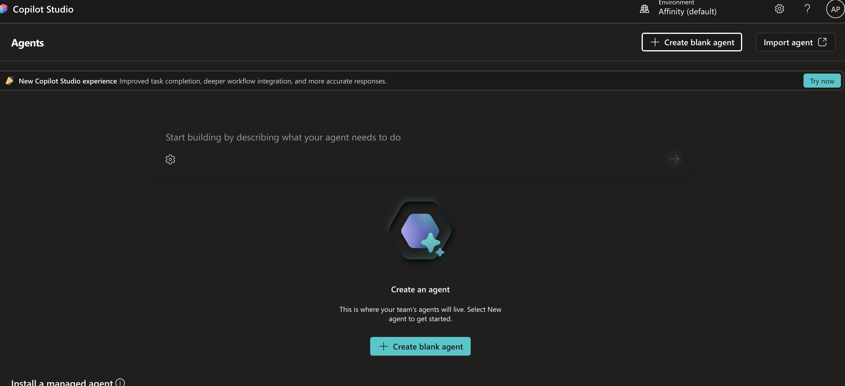 Agents page in Copilot Studio classic experience showing Create blank agent button