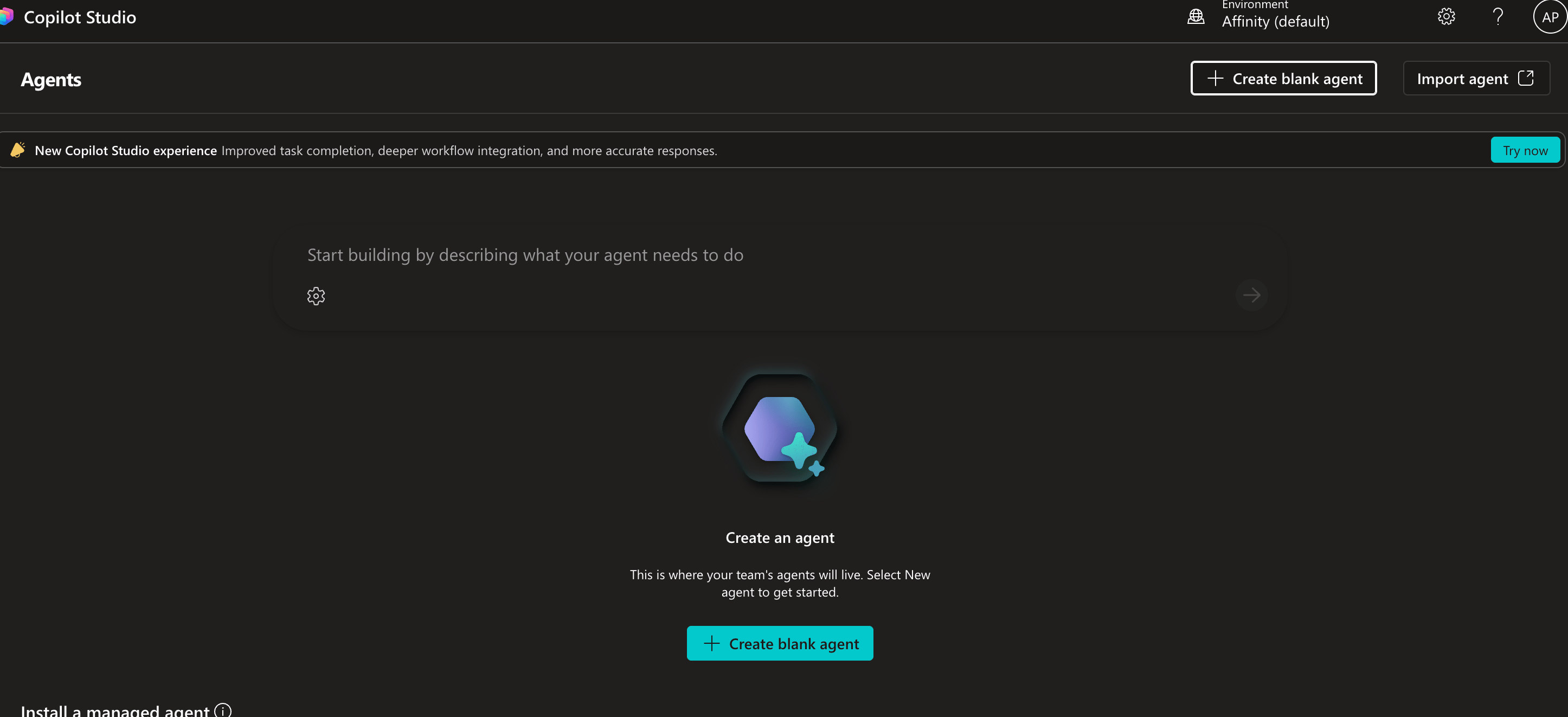 Agents page in Copilot Studio classic experience showing Create blank agent button