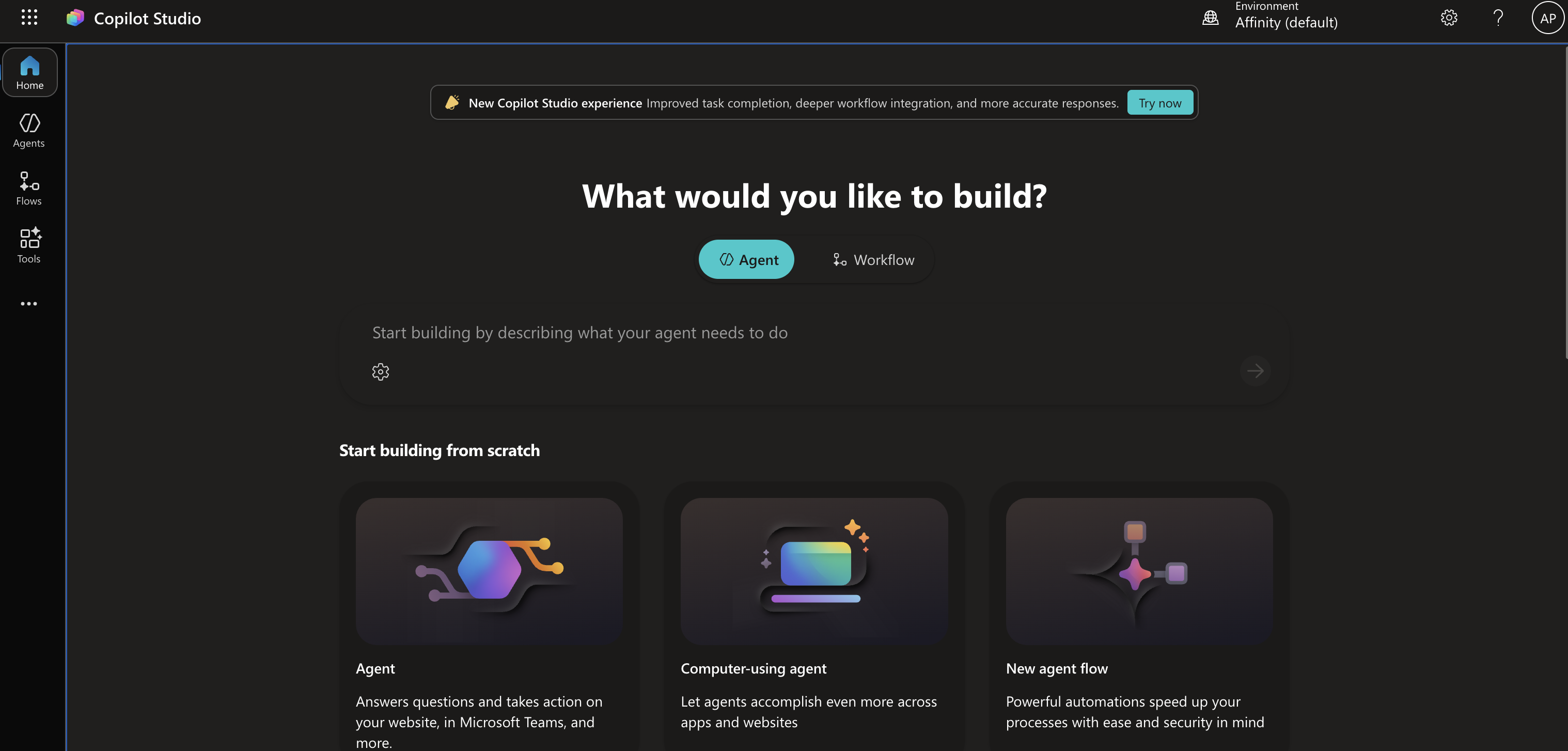 Copilot Studio classic experience showing What would you like to build?