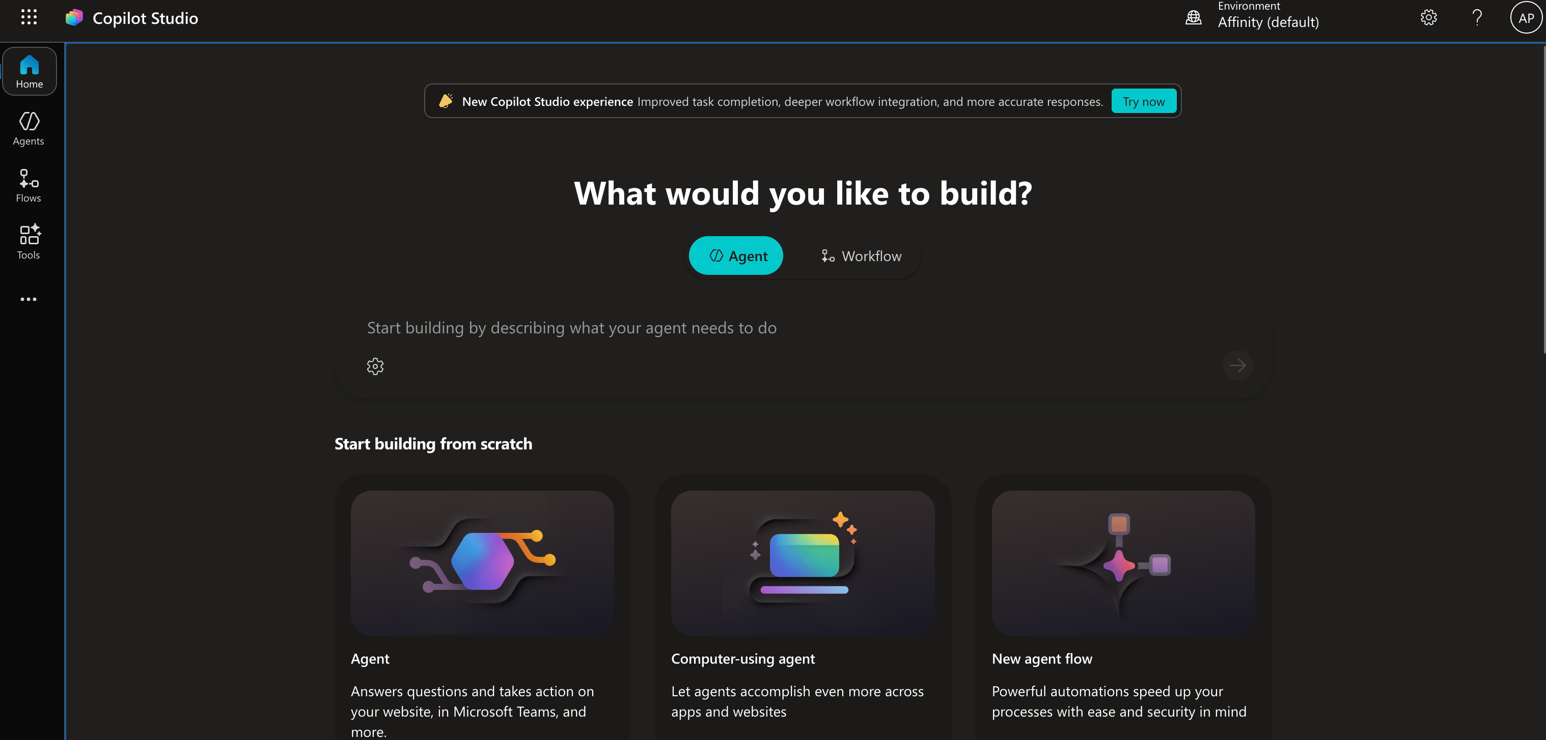 Copilot Studio classic experience showing What would you like to build?