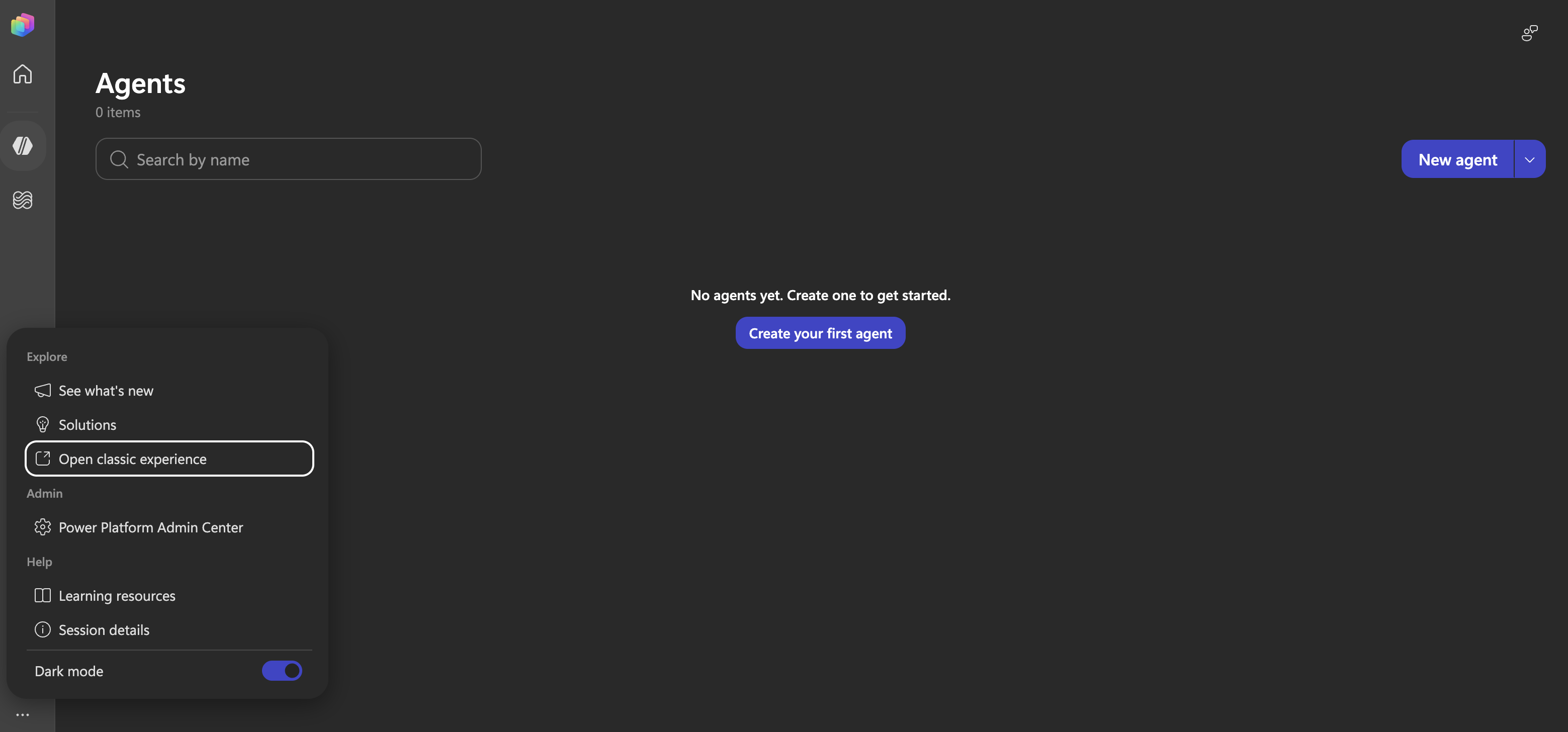 Copilot Studio sidebar ... menu showing Open classic experience option