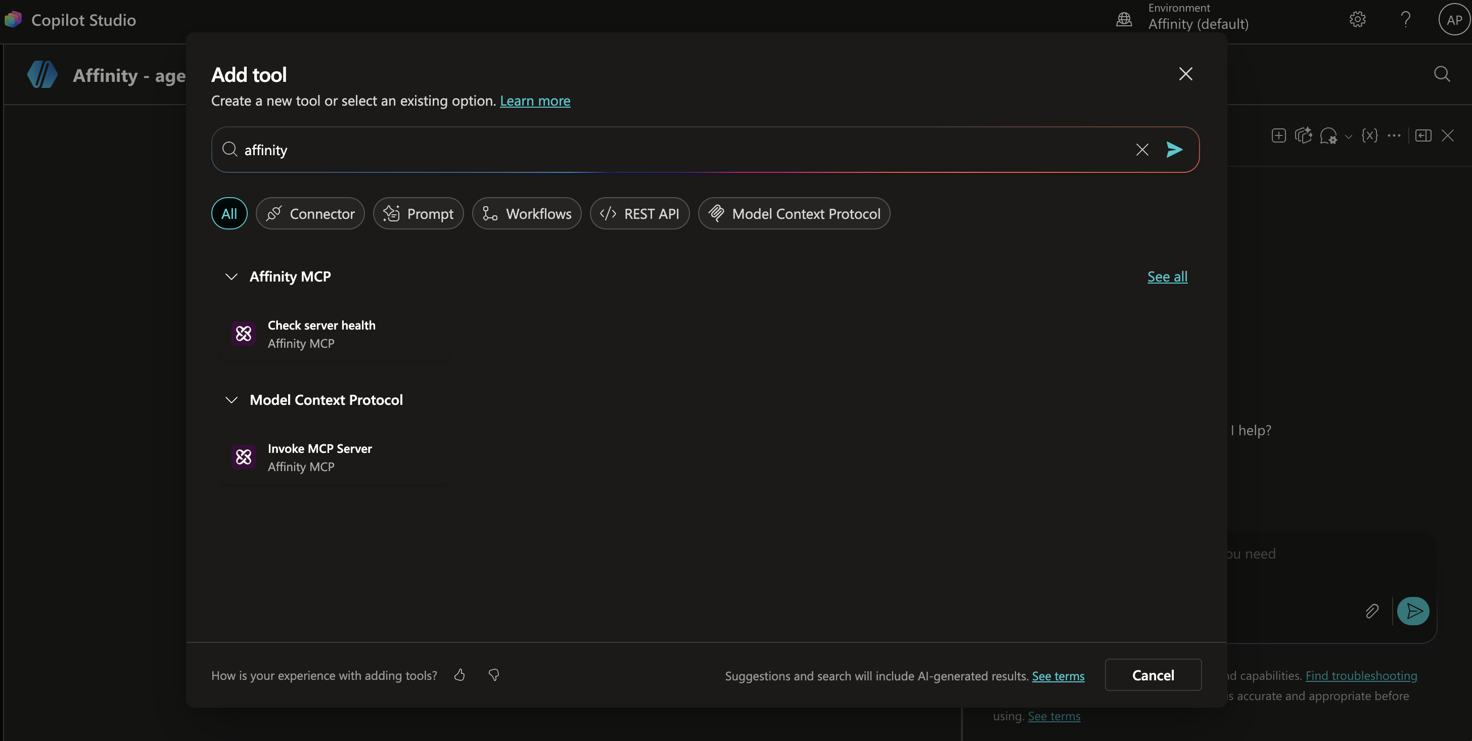 Add tool dialog showing Affinity MCP search results with Invoke MCP Server under Model Context Protocol