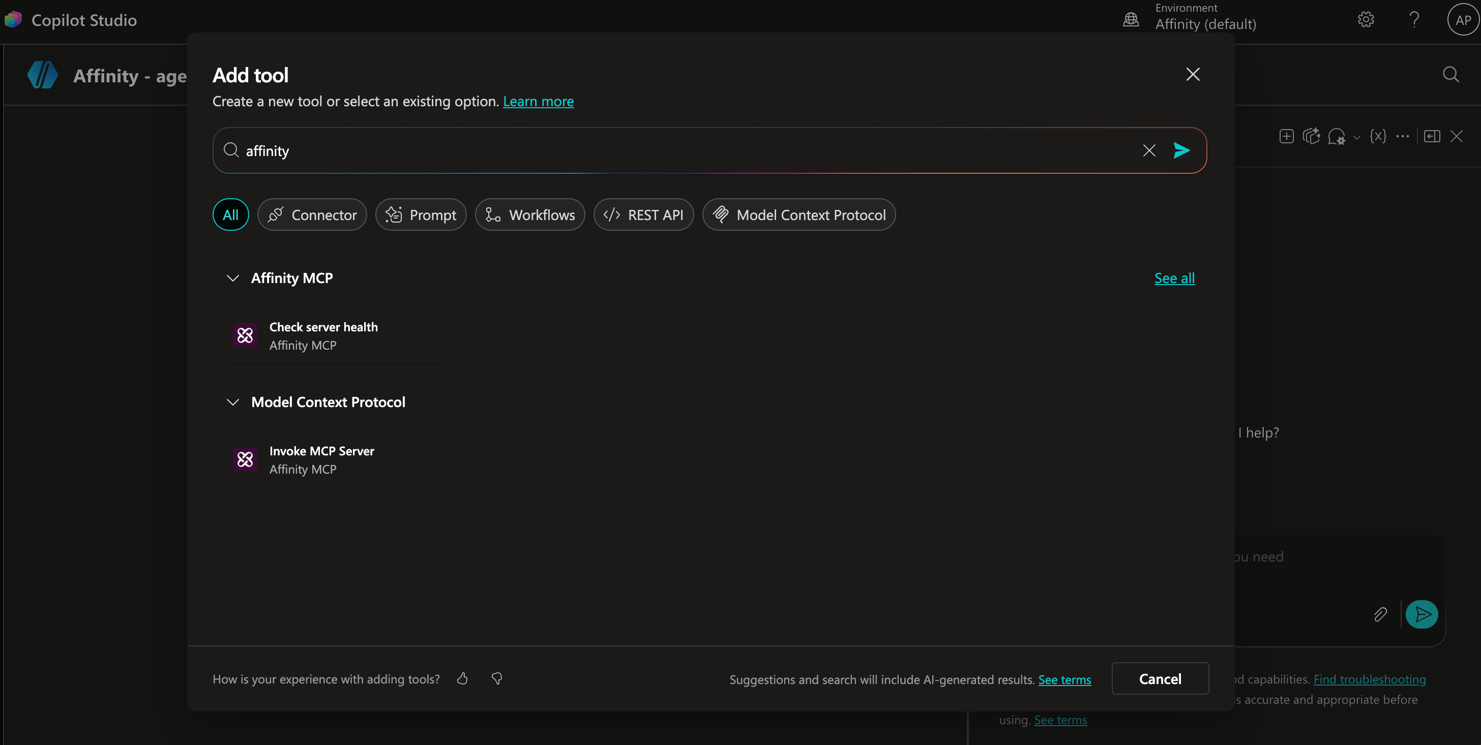Add tool dialog showing Affinity MCP search results with Invoke MCP Server under Model Context Protocol