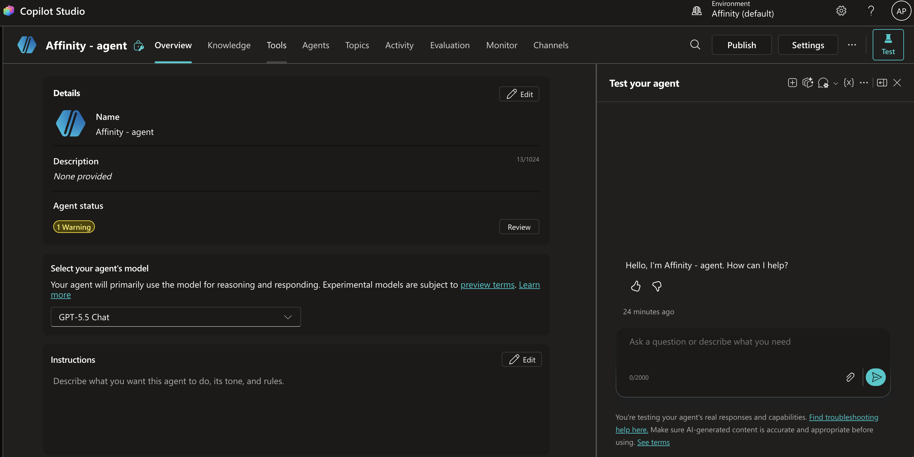 Agent overview showing the Tools tab in the top navigation bar