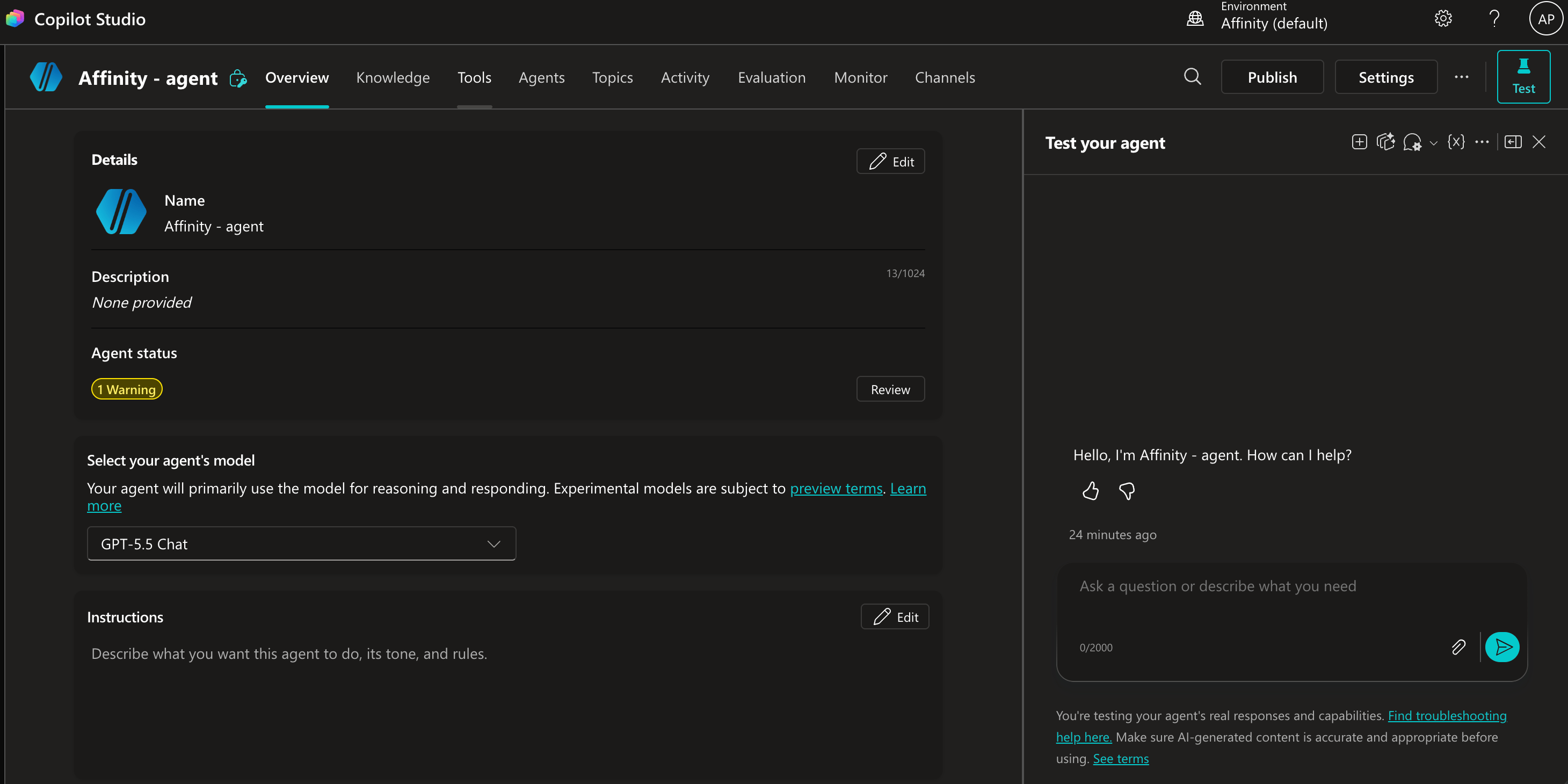 Agent overview showing the Tools tab in the top navigation bar