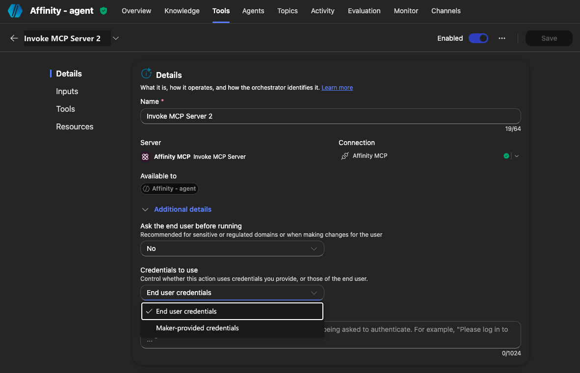 Copilot Studio tool details showing Credentials to use dropdown with End user credentials selected and Maker-provided credentials as the alternative