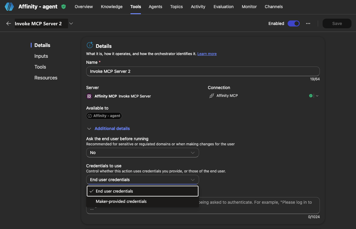 Copilot Studio tool details showing Credentials to use dropdown with End user credentials selected and Maker-provided credentials as the alternative