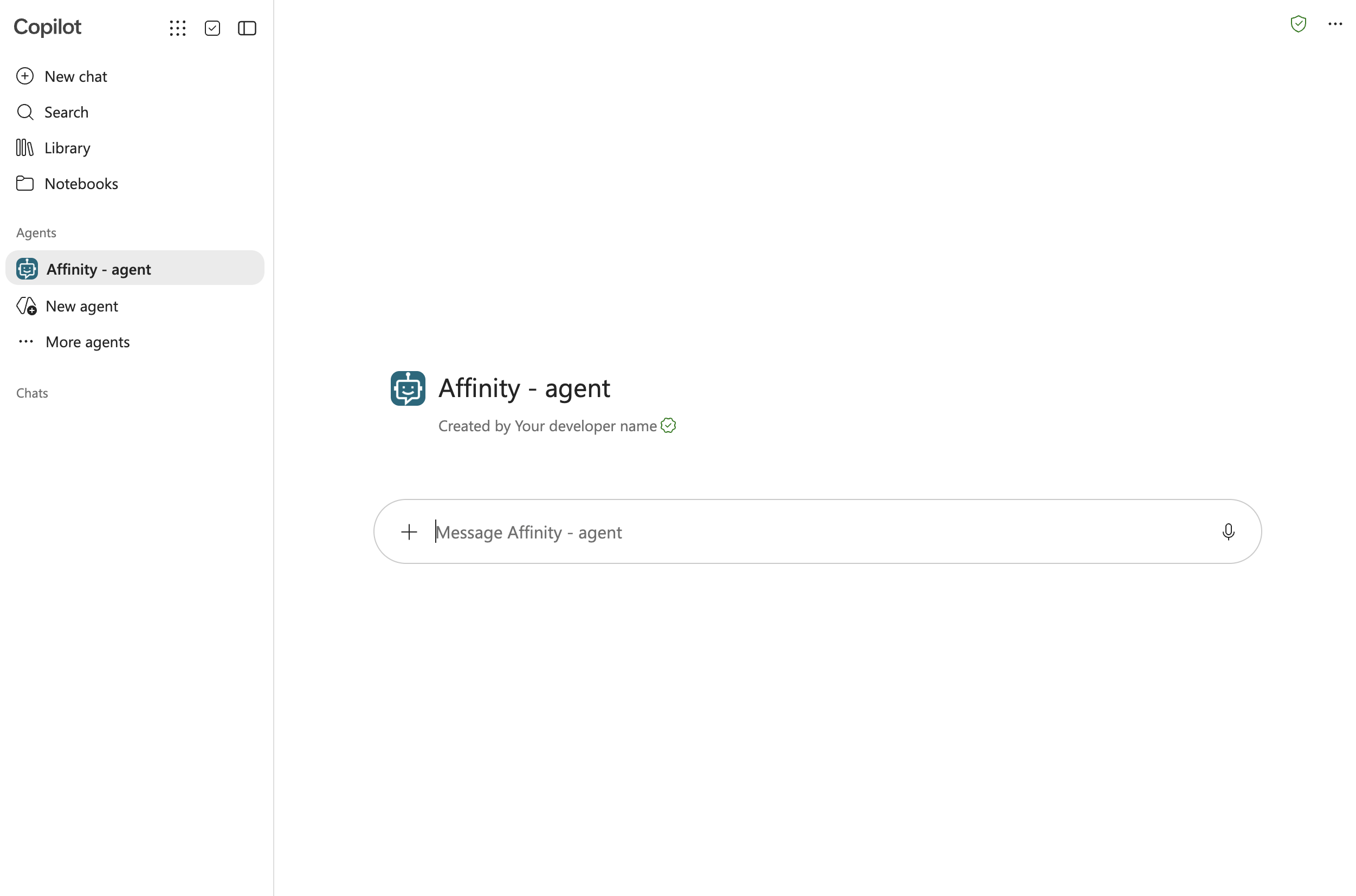 Microsoft Copilot sidebar showing Affinity - agent listed under Agents with a message input field