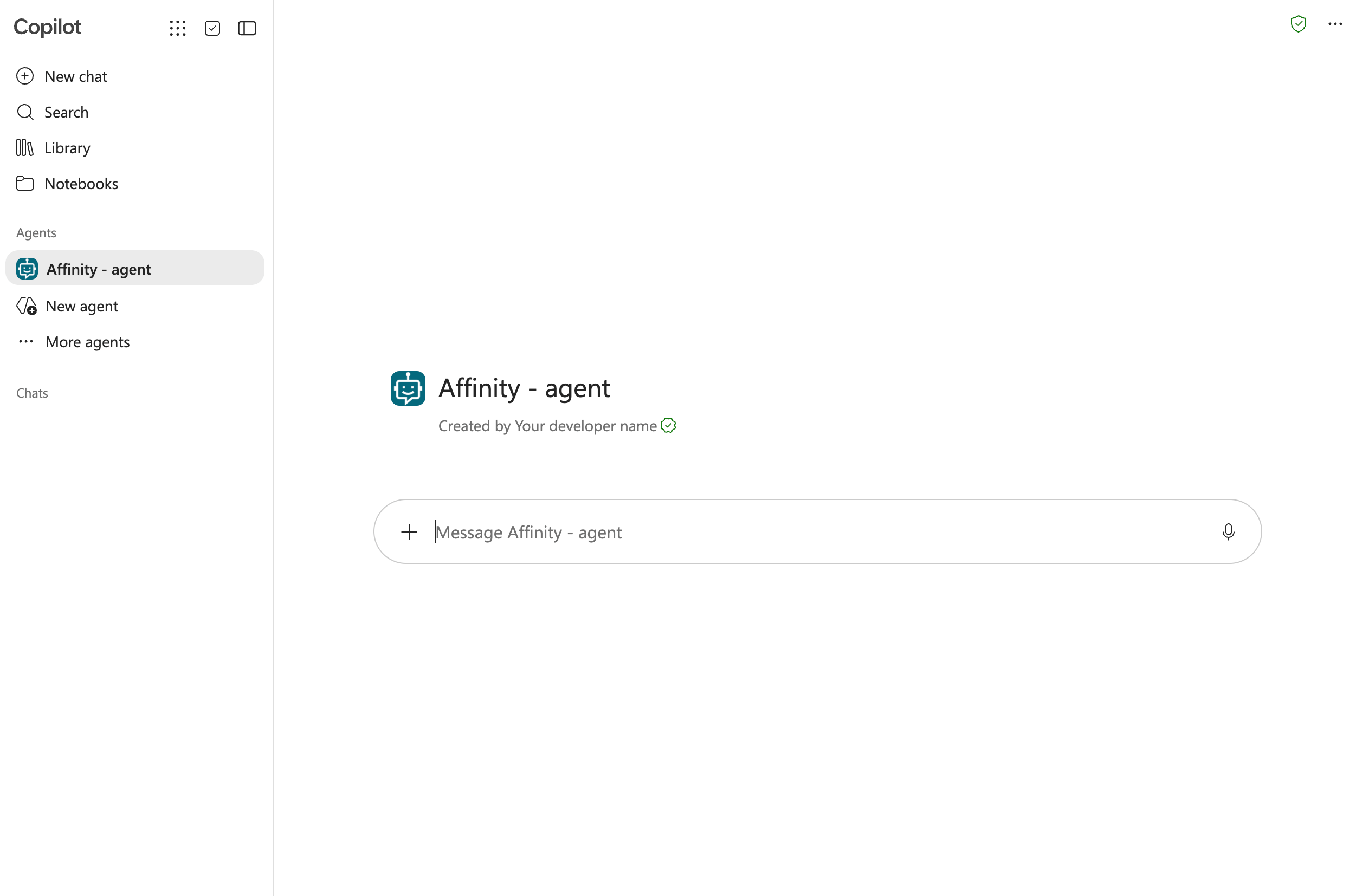 Microsoft Copilot sidebar showing Affinity - agent listed under Agents with a message input field