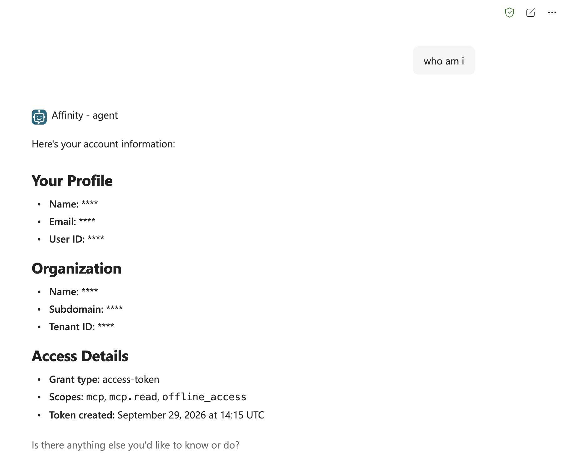 Microsoft Copilot chat with Affinity - agent showing profile, organization, and access details in response to who am i