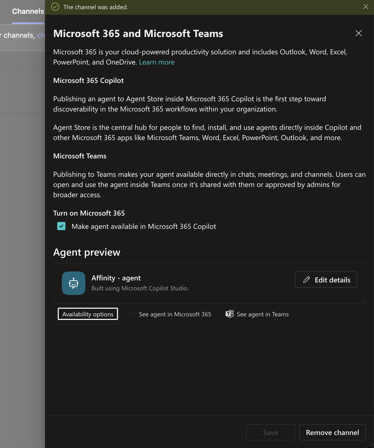 Microsoft 365 and Microsoft Teams channel panel showing the channel was added confirmation and Availability options button