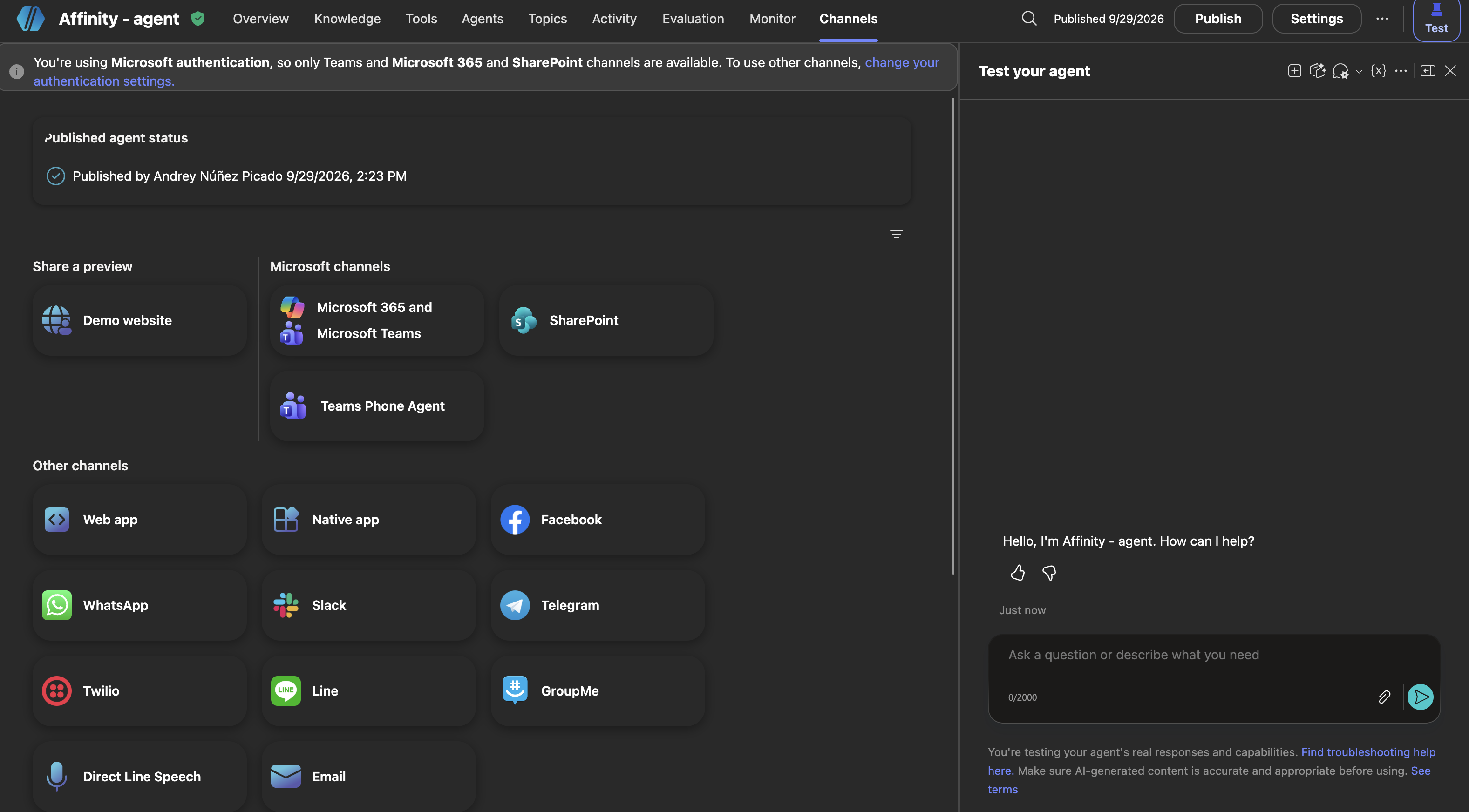 Copilot Studio Channels tab showing published agent status and Microsoft 365 and Microsoft Teams channel option