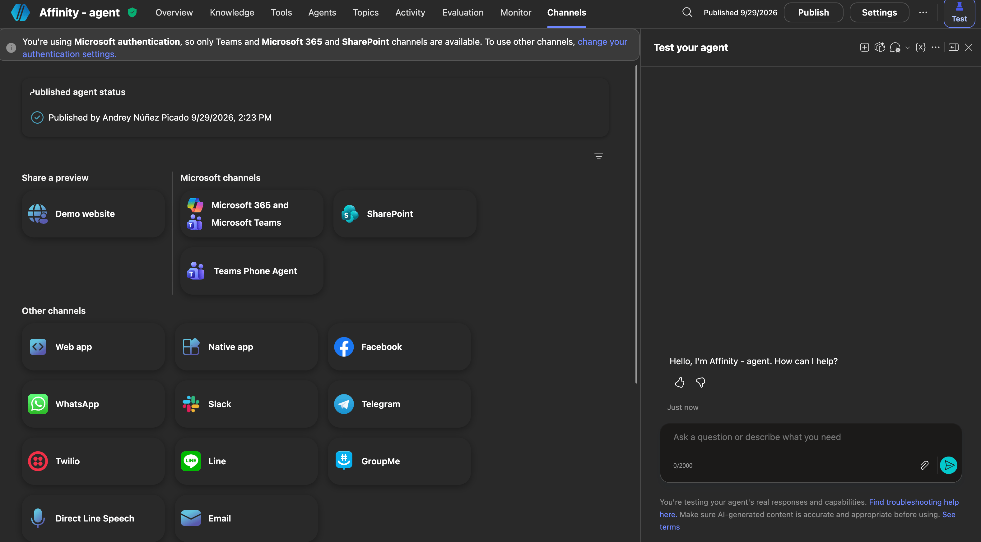 Copilot Studio Channels tab showing published agent status and Microsoft 365 and Microsoft Teams channel option