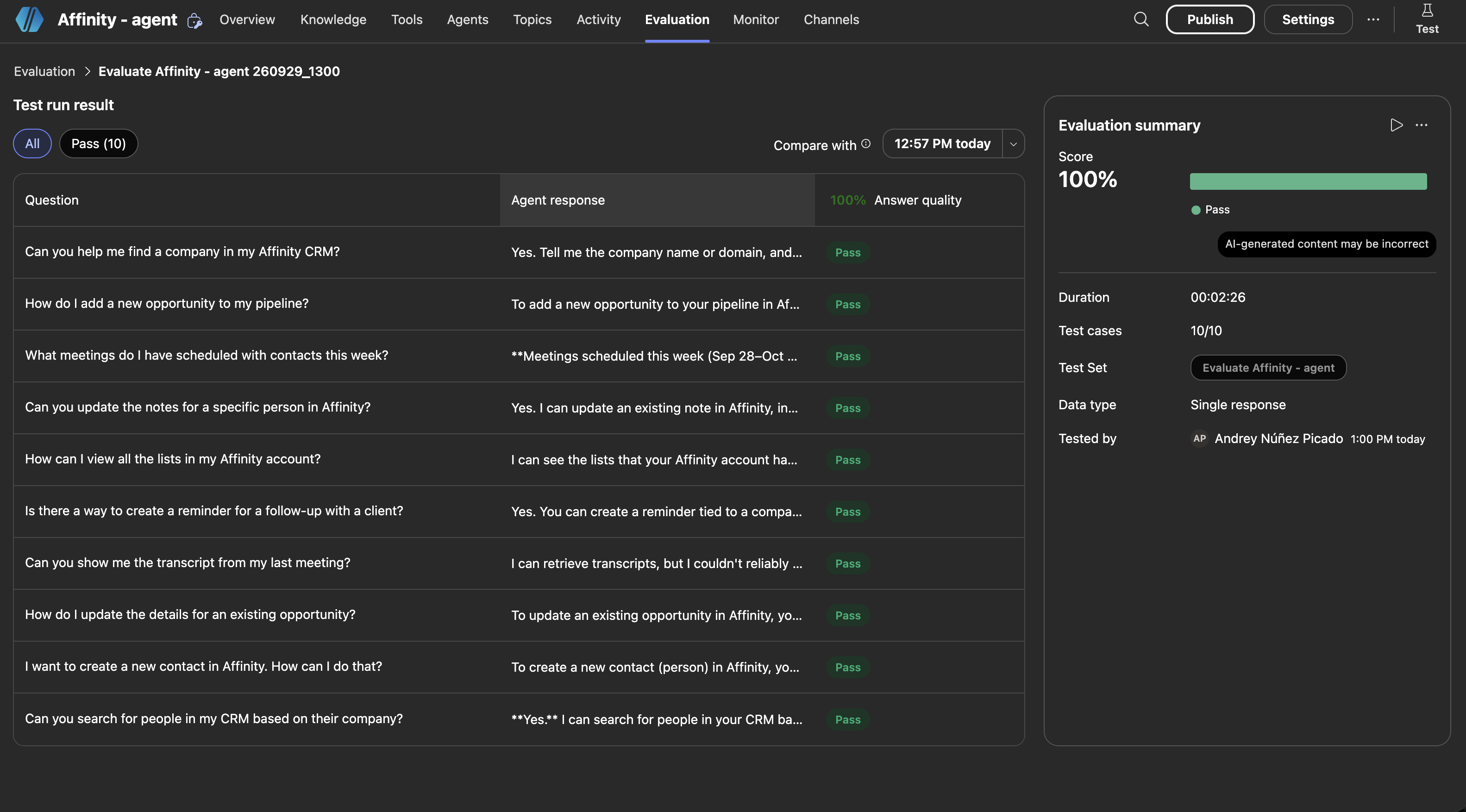 Evaluation results page showing Pass 10/10 with 100% answer quality score and Publish button in top navigation