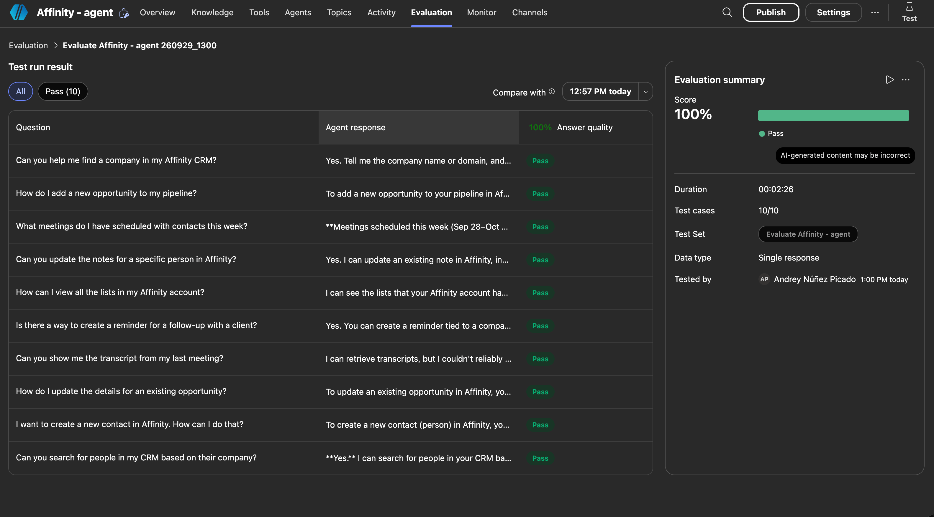 Evaluation results page showing Pass 10/10 with 100% answer quality score and Publish button in top navigation