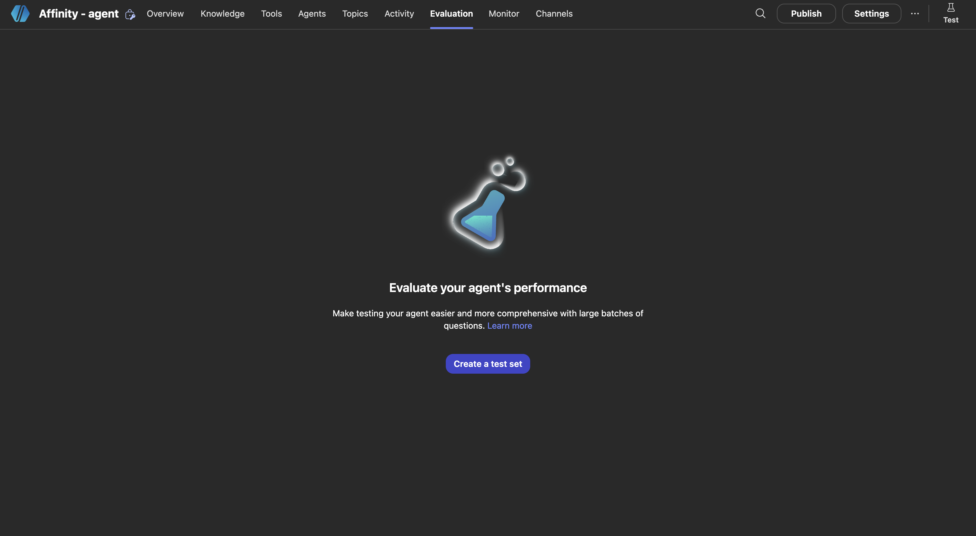 Copilot Studio Evaluation tab with Create a test set button