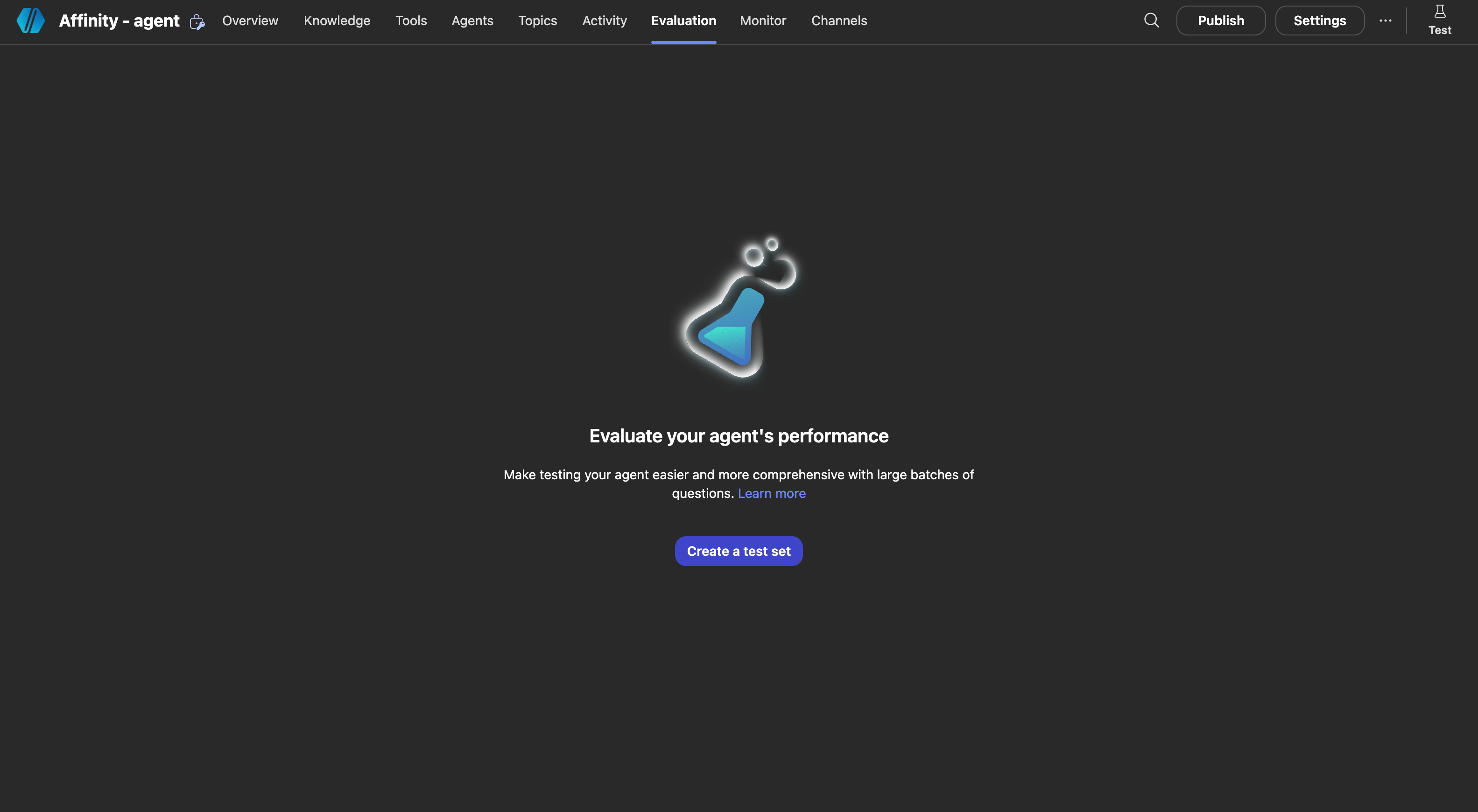 Copilot Studio Evaluation tab with Create a test set button